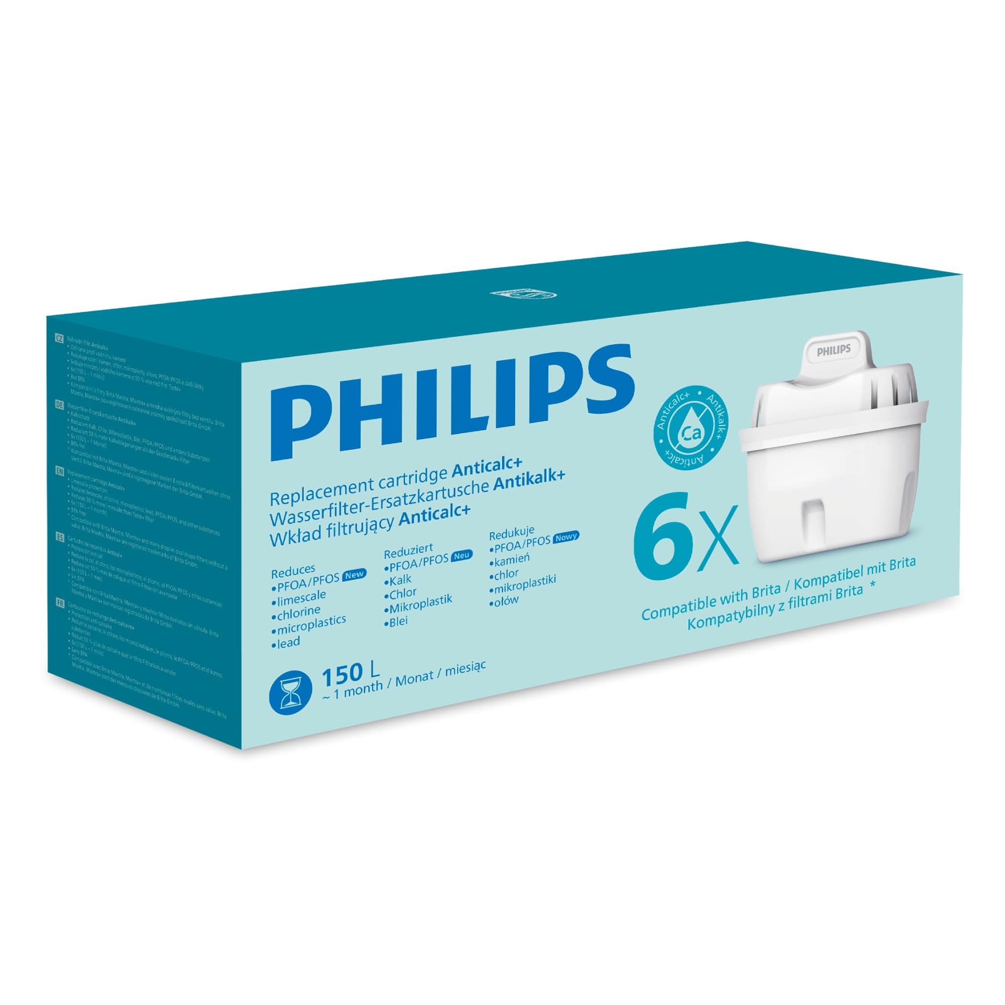 Philips Water Wasserfilter-Kartusche Antikalk+, 6er-Pack, BIS ZU 50 % WASSERHÄRTE REDUZIERUNG, Verpackung kann variieren, Kompatibel mit brita*