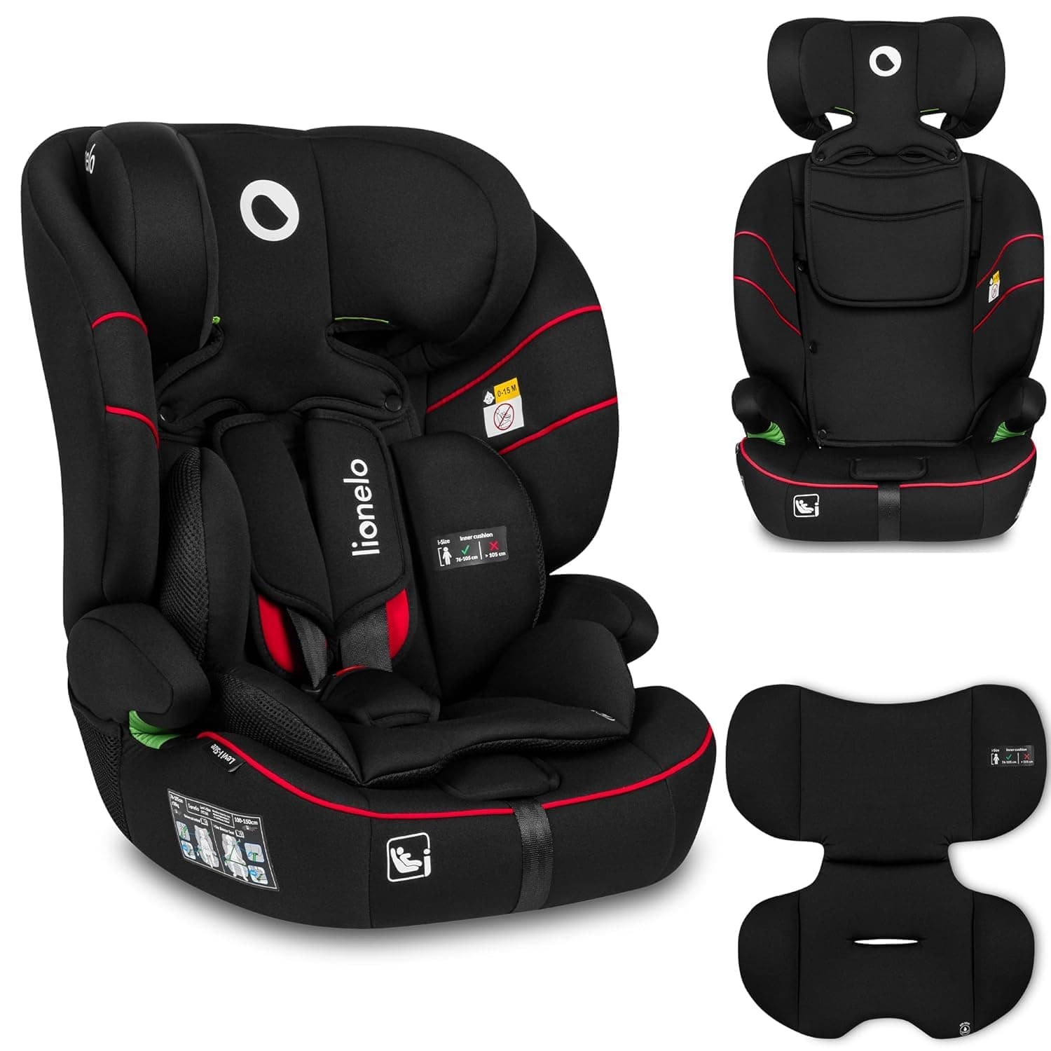 LIONELO Levi i-Size siege auto de 9 à 36 kg, groupe 1 2 3, protection latérale, protection pour la tête, ceintures à 5 points, appui-tête réglable, insert Dri-Seat (Black)
