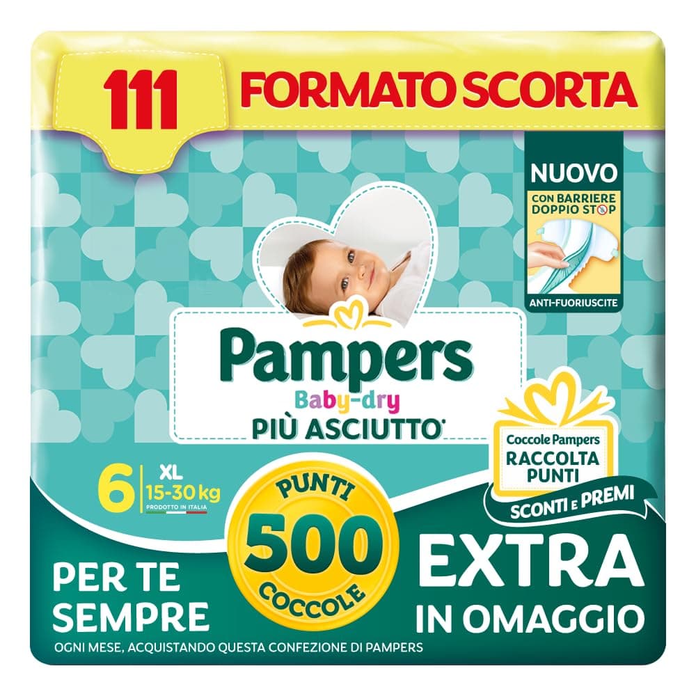 Pampers Baby Dry XL, Taglia 6 (15-30 kg), Formato Scorta, Barriere Anti-Fuoriuscite, Più Asciutto Fino a 12h, Linguette Rinforzate e Avvolgenti, 111 Pannolini Bambino + 500 Punti Omaggio