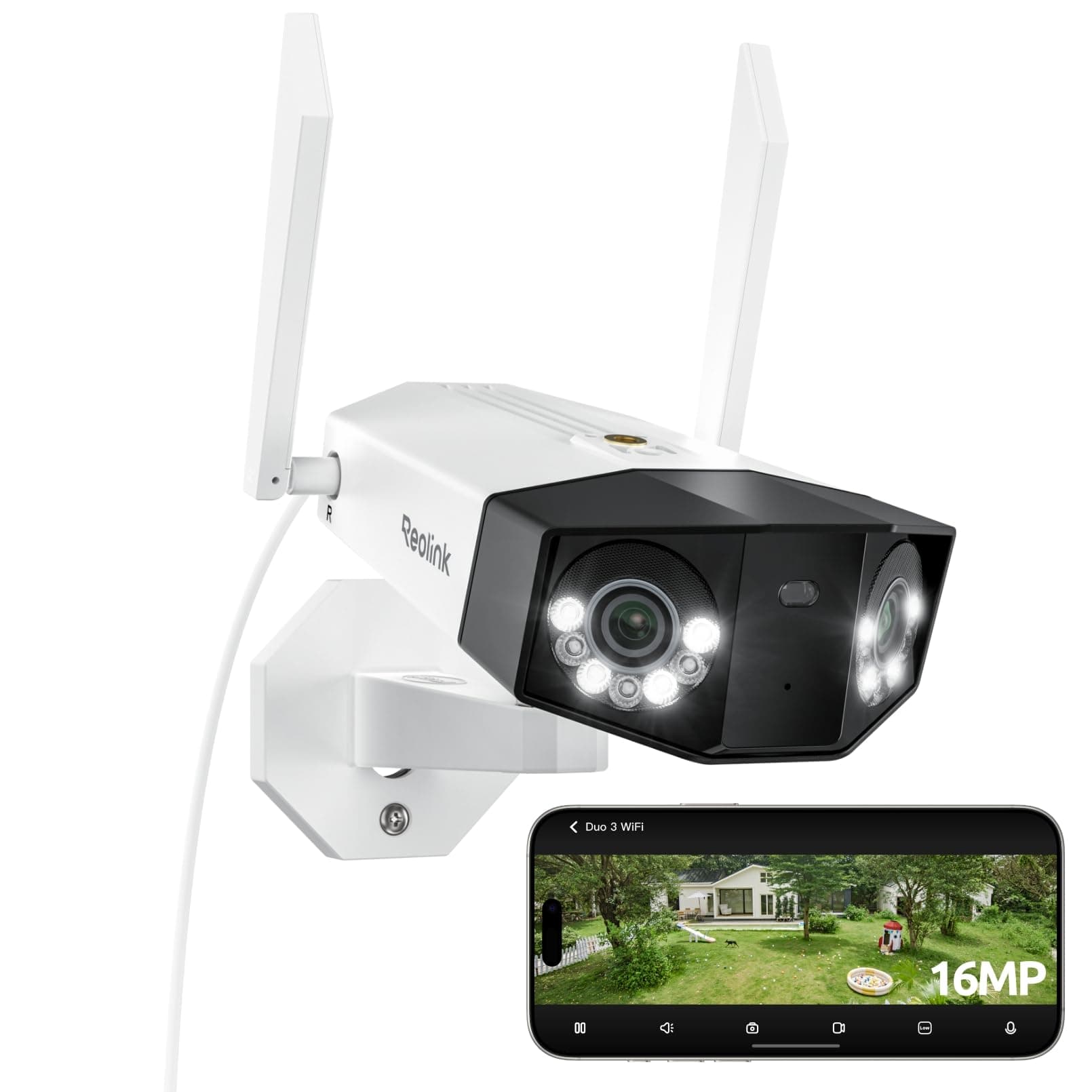 Reolink Duo 3 WiFi, 16MP Wi-Fi 6 Überwachungskamera Aussen WLAN mit 180° Panoramablick, Bewegungsspur, Dual-Lens WLAN Kamera Outdoor, 30m Farbnachtsicht, 24/7 Aufzeichnung, KI-Erkennung, IP67