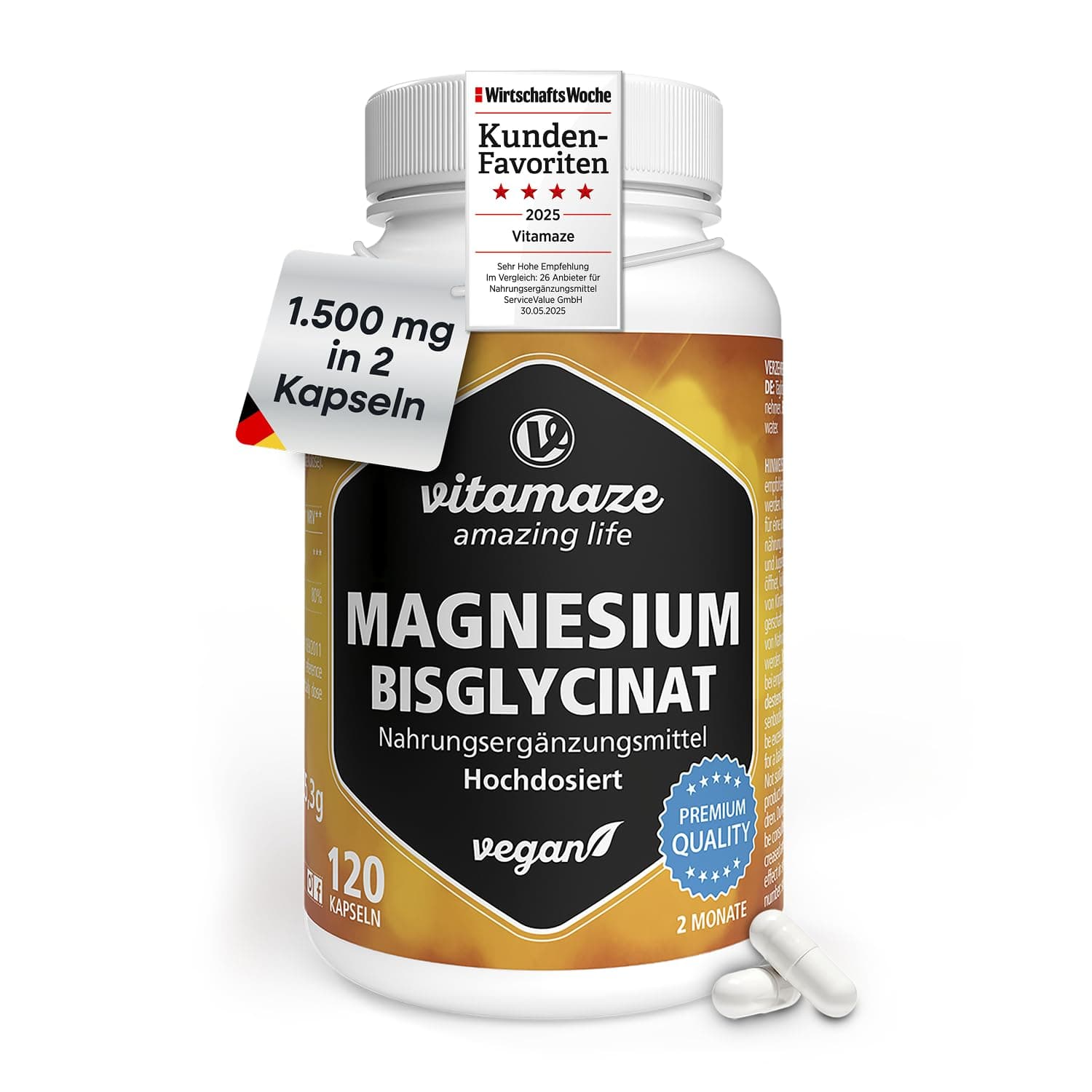 Magnesium Bisglycinat Kapseln hochdosiert, 1500 mg in nur 2 Kapseln davon 300 mg elementares Magnesium pro Tagesdosis, 120 vegane Kapseln für 2 Monate, ohne Zusatzstoffe, Made in Germany