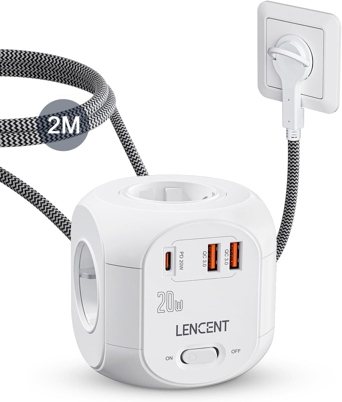 LENCENT Cubo Regleta Enchufe 2M con Carga Rápida PD20W, Ladron Enchufes Plano 2500 W/10 A con Interruptor con 4 Tomas de CA, 2 USB y 1 Tipo C para Mesa, Casa, Cocina y Oficina