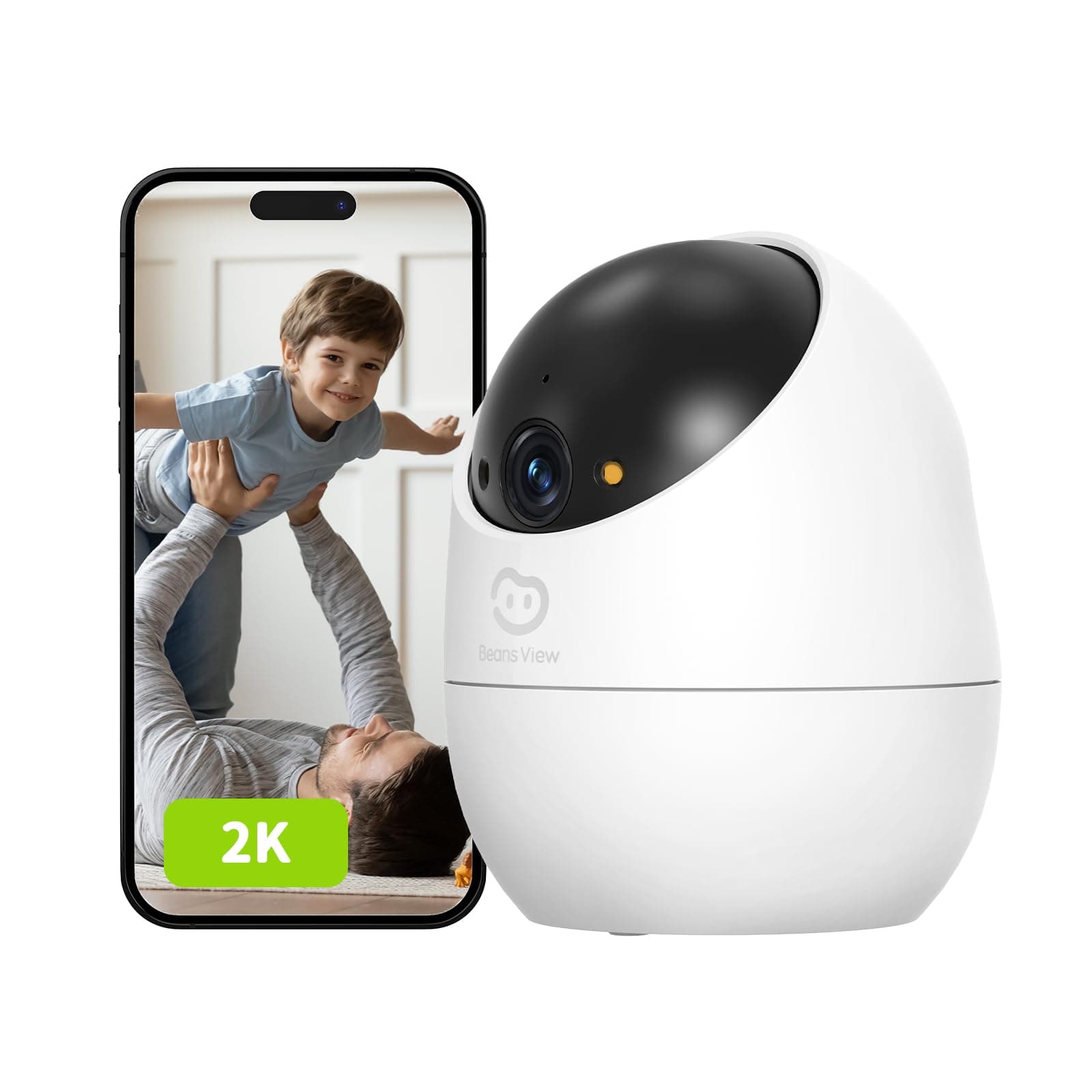 Beans View 2K (3MP) Cámara de Interior para Seguridad, visión Nocturna en Color, Vista de 360°, cámara Wi-Fi para Mascotas/Perros/Gatos, Detección Humana, Autoseguimiento, Compatible con Alexa D210