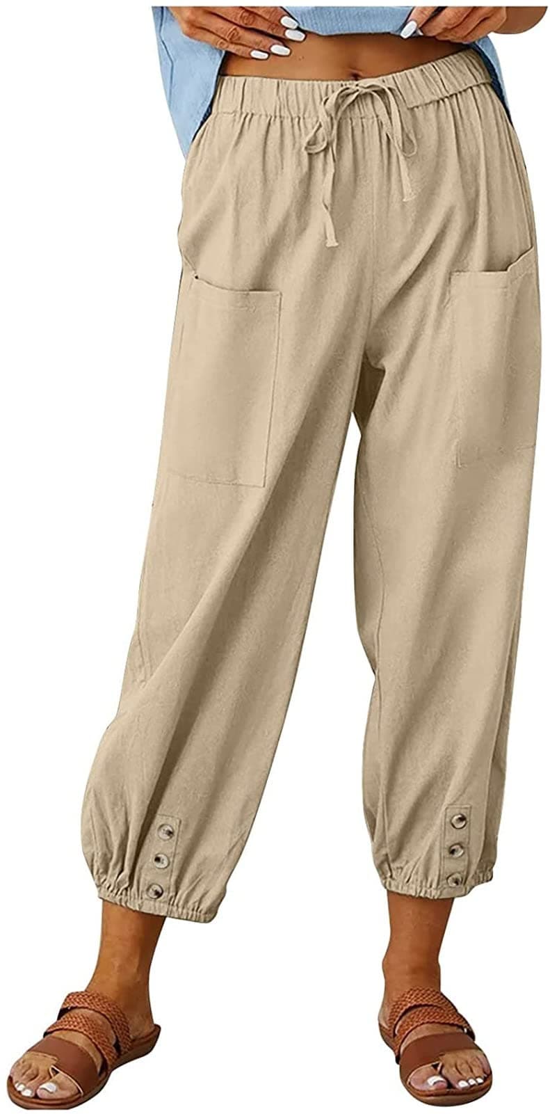 ASKSA Pantalon 7/8 Femme Été Lin Ample Longueur Pants Cordon pour Décontracté à Jambes Léger en avec Poches