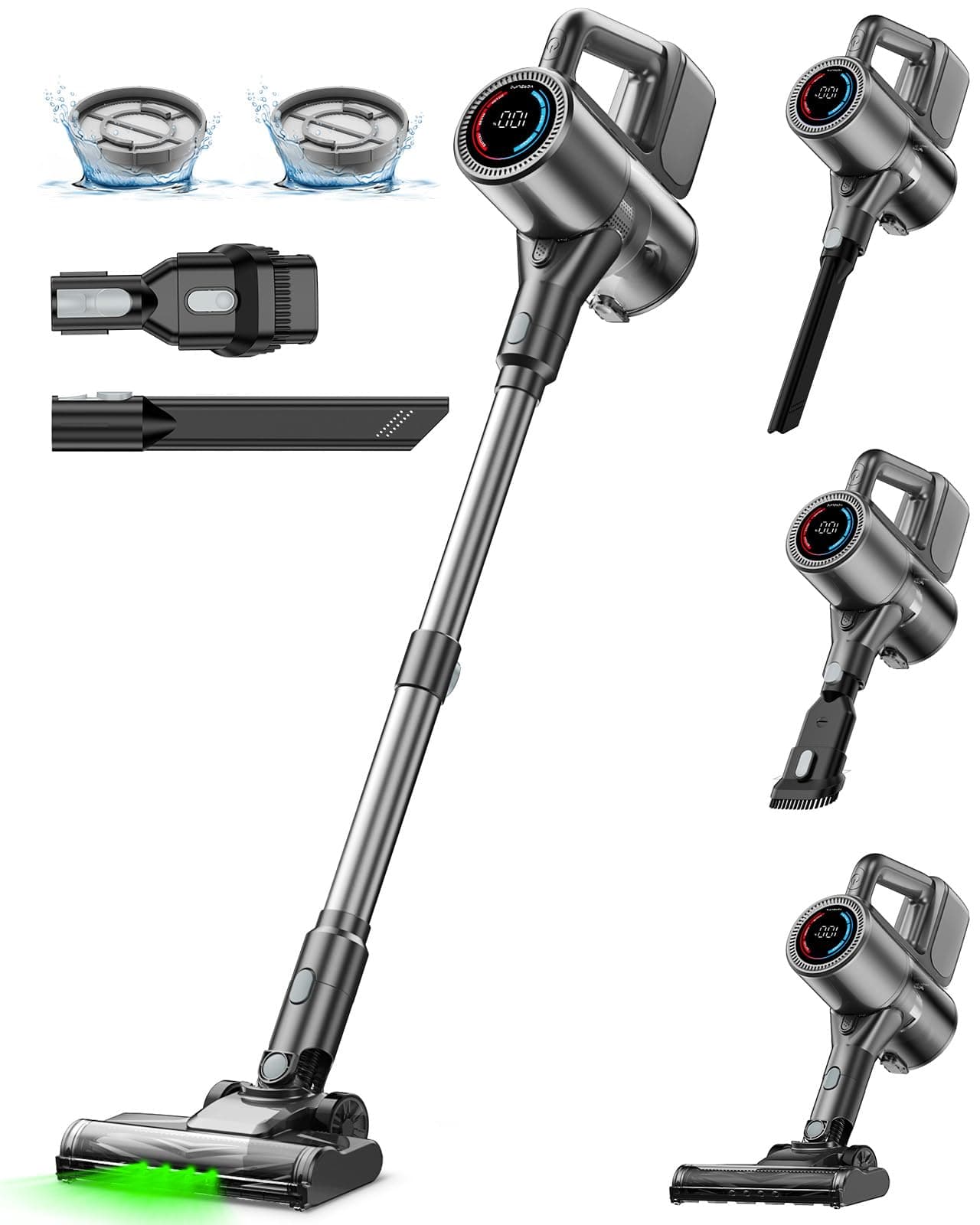 Aspiradora sin Cable, 500W/40KPA Aspiradora de Escoba con 45 Min de Autonomía, Pantalla LED, Luz Verde, Filtración de 6 Etapas, Diseño Autoportante para Suelos Duros, Alfombras y Pelo de Mascotas
