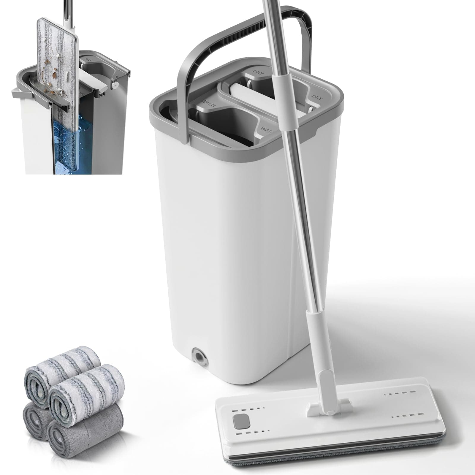 Serpillière Seau Essoreur, Masthome Balai Serpillère Microfibre avec 4 Tampons, Balai Plat Rotatif 360° Serpillère Essoreur pour Nettoyage de Sol