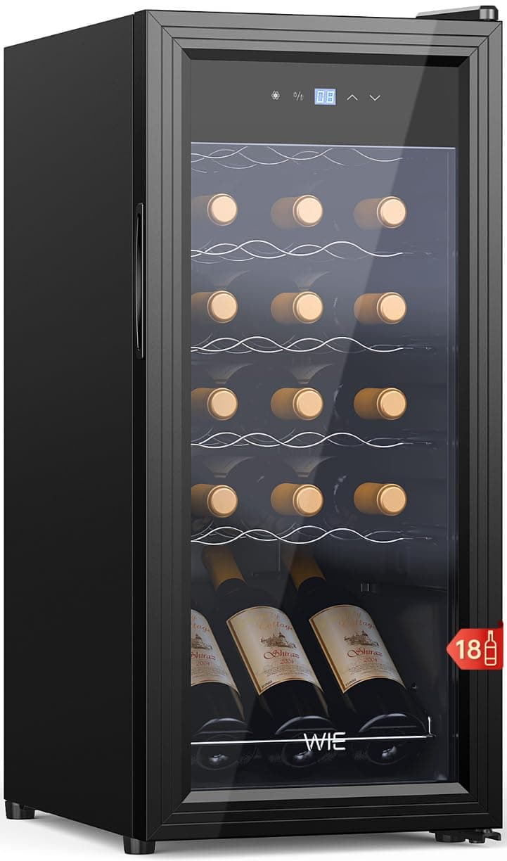 WIE Vinoteca, 18 Botellas Nevera Vinos, 53L Vinoteca Pequeña, Protección UV, Control Táctil, Iluminación LED, 5-18°C, para Vino Tinto, Vino Blanco, Cerveza, Bar Interior/Cocina/Hotel