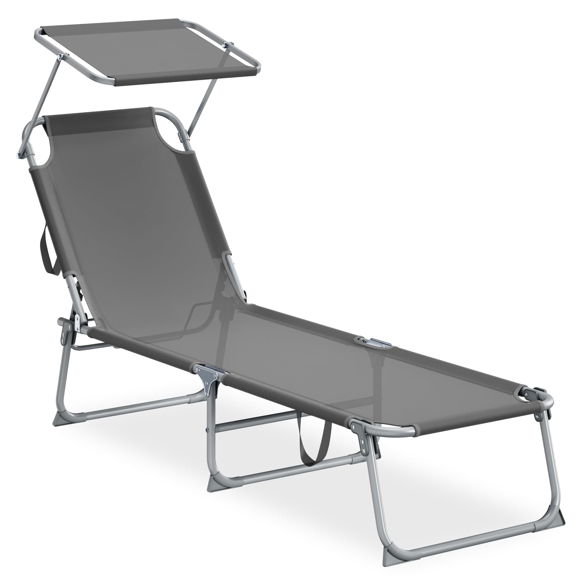 SONGMICS Chaise Longue Pliante, 189 x 53 x 28,5 cm, Transat Jardin Extérieur, Supporte 110 kg, Pare-Soleil et Dossier Réglables, pour Terrasse, Balcon, Gris GCB194GZ02