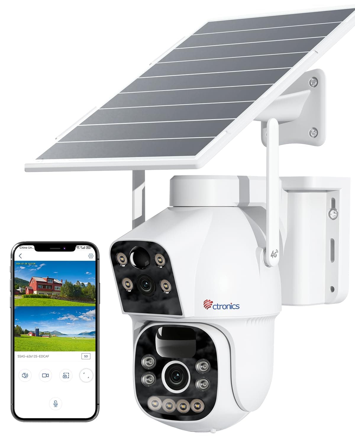 Ctronics 4G LTE Caméra Surveillance Exterieur sans Fil Double Objectif, 15600mAh Batterie 8W Panneau Solaire Caméra avec Carte Sim Vision Nocturne Couleur PIR Détection PC/Cloud/IP66-NO WiFi (Blanc)