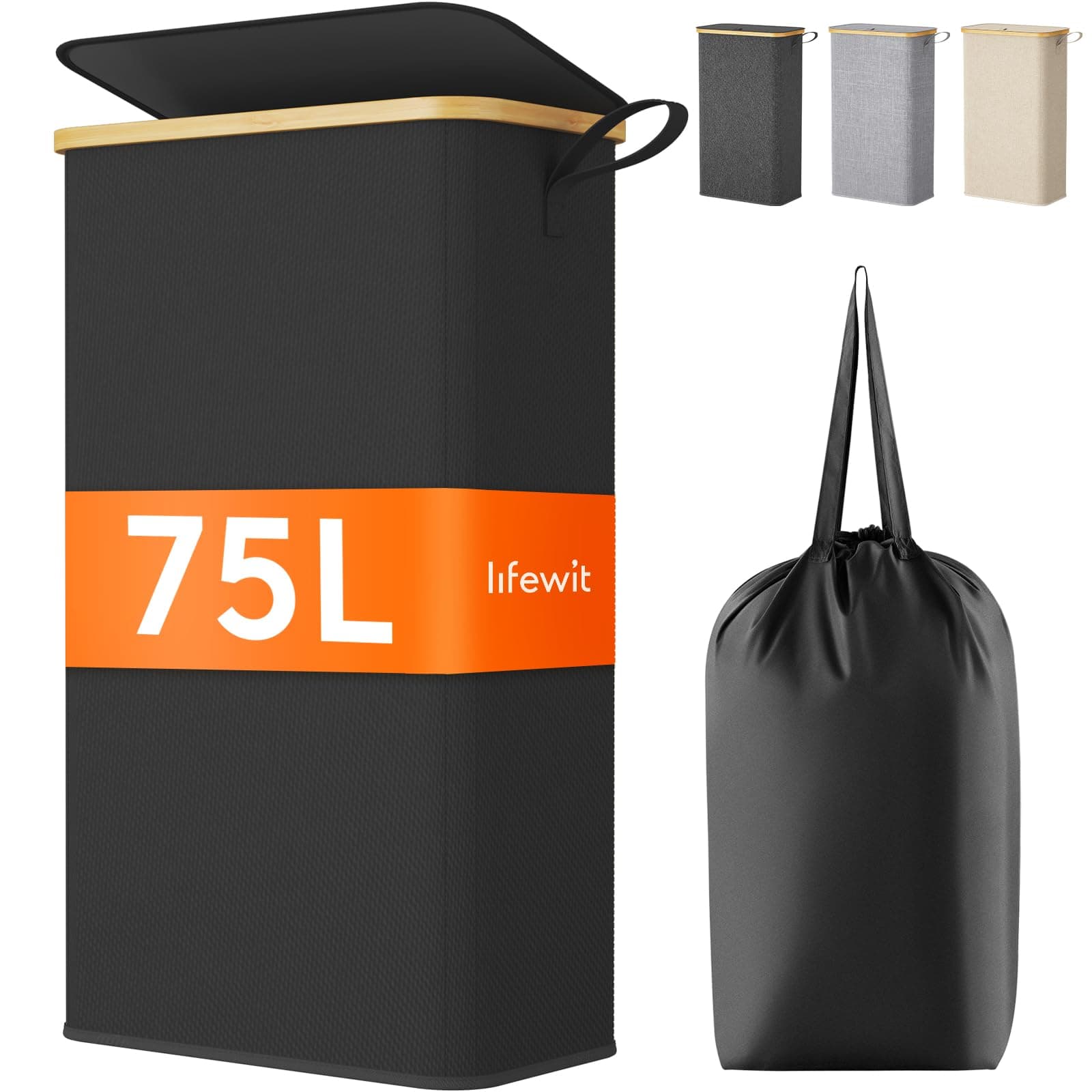 Lifewit 75L Wäschekorb Schmal mit Deckel, Faltbarer Wäschesammler Schmal mit Wäschesack, Laundry Basket Wäscheboxen aus Bambus mit Tragegriff für Apartment, Wohnheim und Wohnwagen, Schwarz