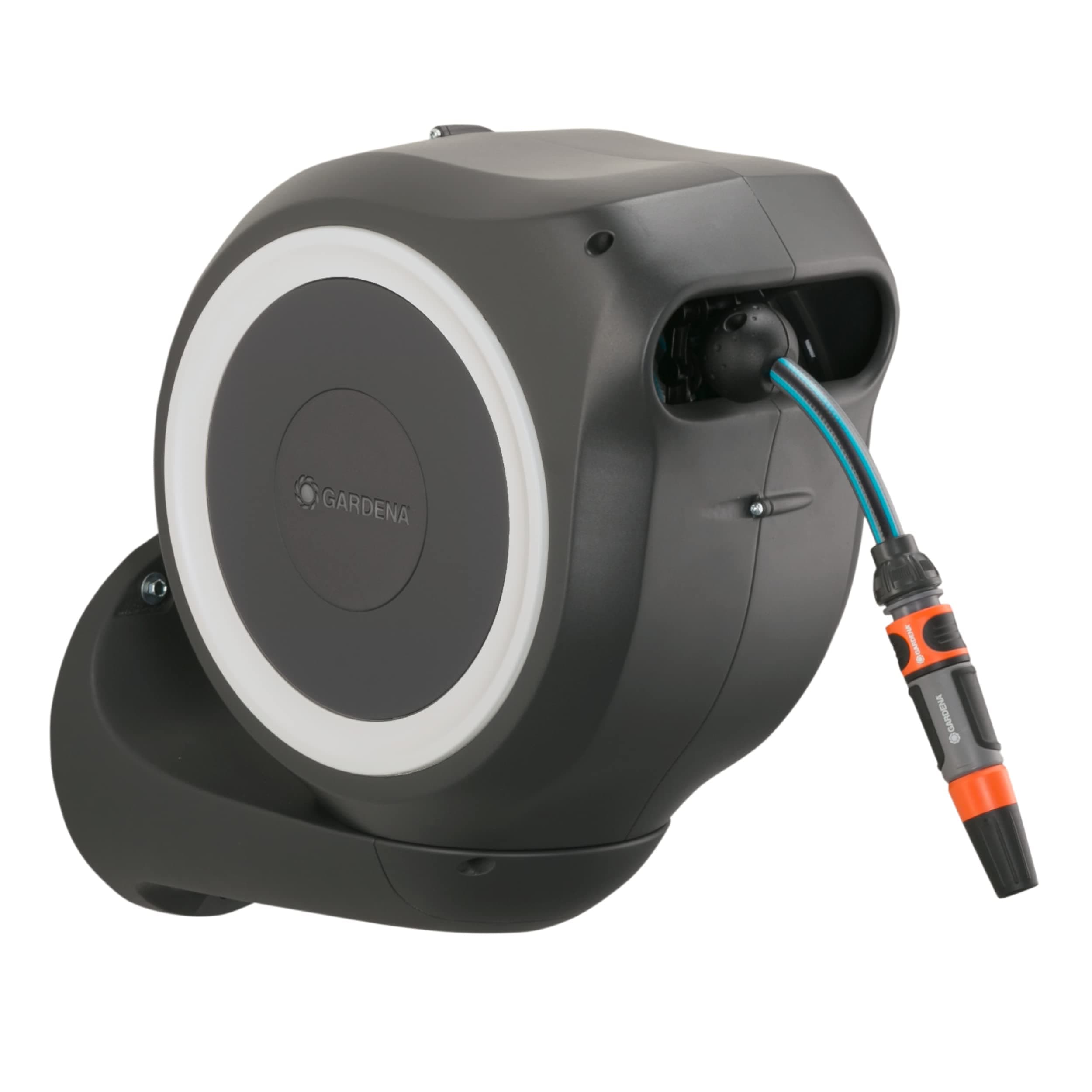 Gardena Enrouleur de tuyau Mural RollUp S (blanc) – Longueur 15m – Ø11mm – Garantie 5 ans – Dévidoir pivotant à 180° – Kit complet avec lance, raccord, tuyau Gardena et support mural inclus (18602-20)