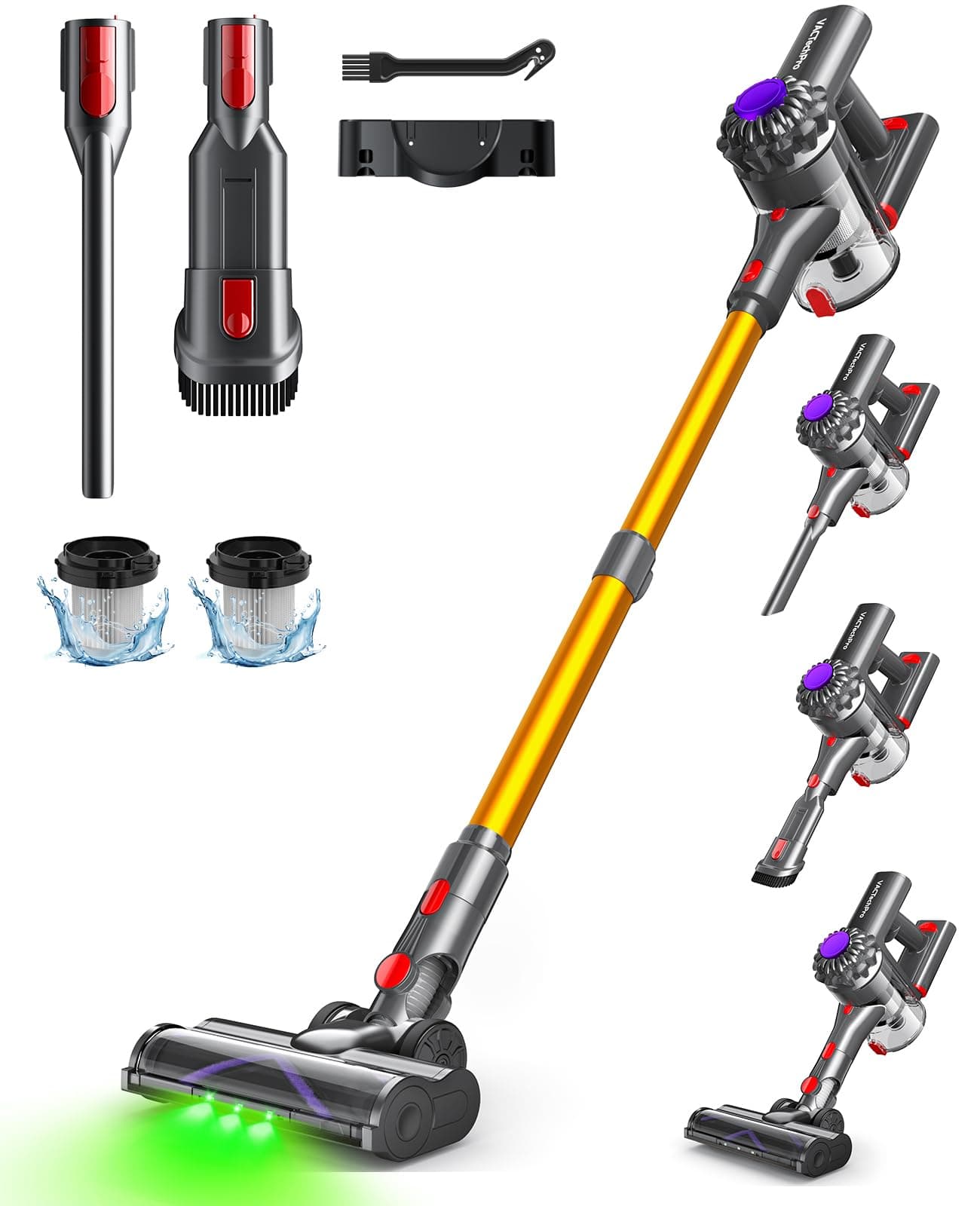 VACTechPro Aspiradora sin Cable,35kPa Aspirador de Mano,6 en 1 Inalámbrica con 35minutos de autonomía y batería extraíble,Aspirador Escoba Ideal para Pelo de Mascota/Alfombra/Suelo Duro&Oro