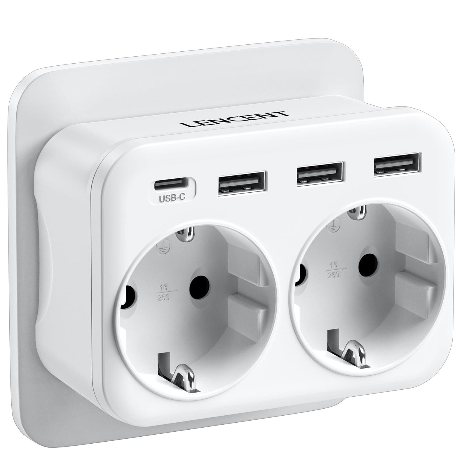 LENCENT Ladron Enchufe USB 4000W, Enchufes 6 en 1, 2 Tomas de CA, 3 USB y 1 Tipo C, Ladron Enchufe Multiple Pared con USB, Cargador Tipo-C de Móvil, Adecuedo Familia, Cocina y Oficina