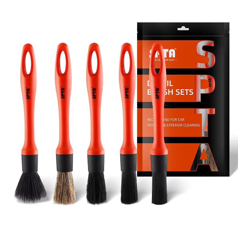 SPTA Set di Pennelli per Auto Detailing - 5 Pezzi con Capelli Diversi e Manico in Plastica Mista - Kit di Pulizia per Interni, Esterni, Ruote, Cerchioni e Pelle