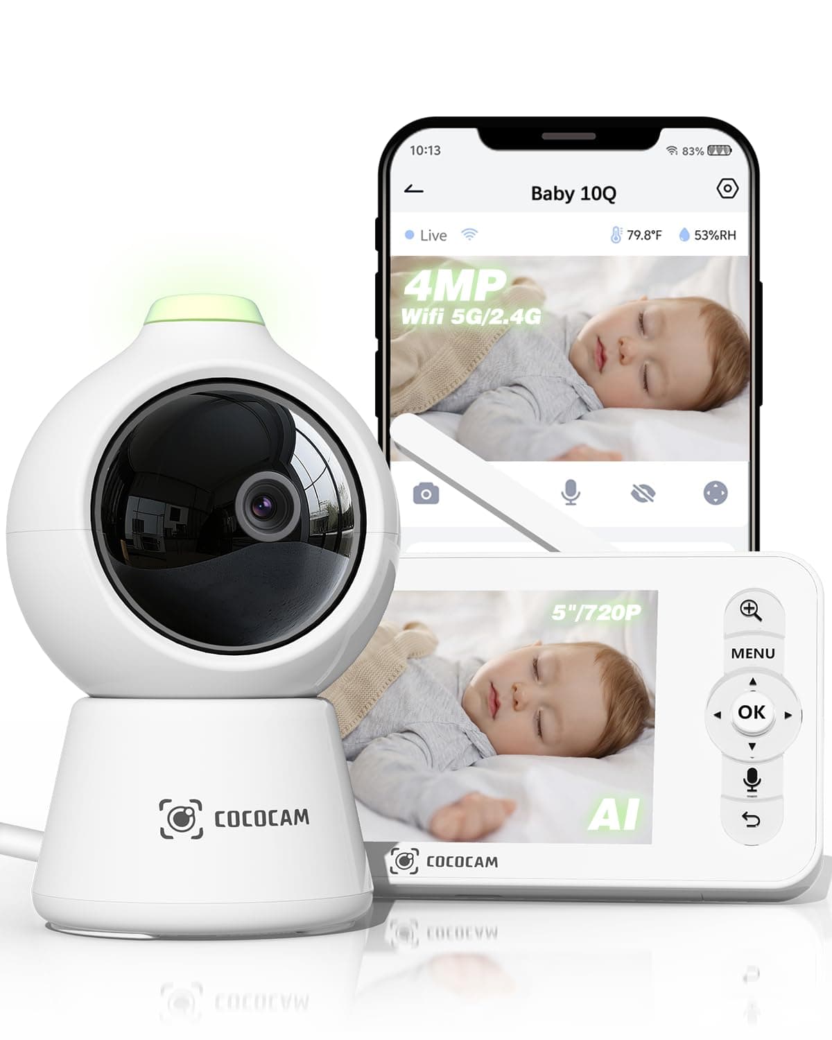 COCOCAM 2K 4MP AI Baby Monitor Video e Audio con 5" LCD, 2,4G/5GHZ WiFi, Rilevamento Volto Coperto, Album Temporale Intelligente, Tracciamento Automatico, Rilevamento Grido, Crittografia AES
