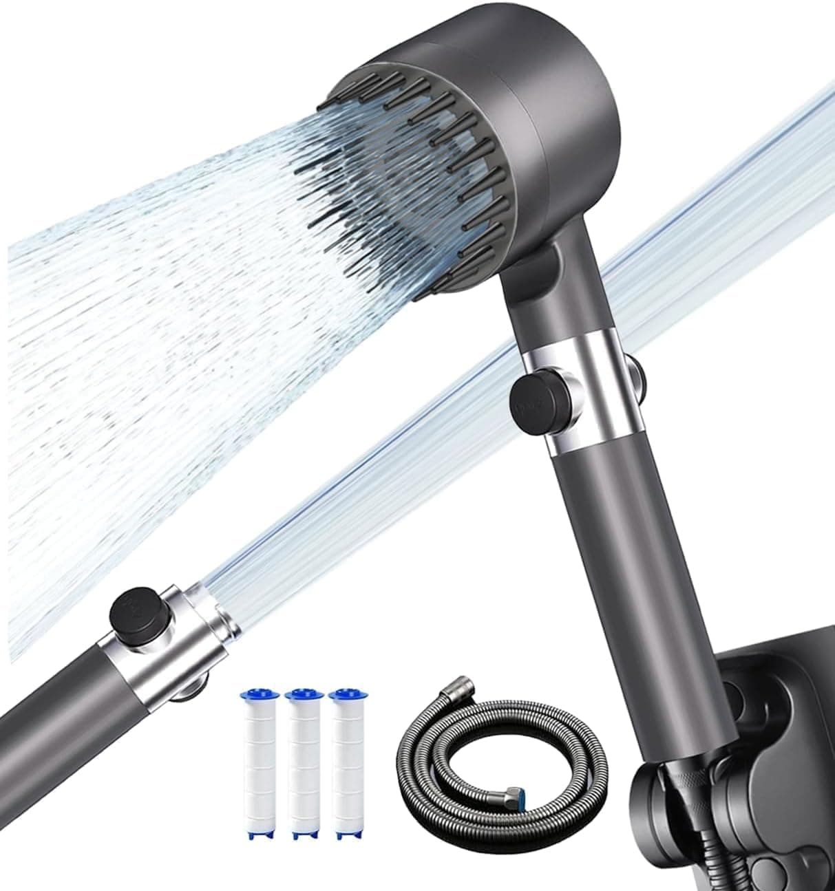 Alcachofa de Ducha con Filtro,Alcachofa Ducha Antical con Manguera de 1.5M,Filtro Ducha 3 +1 Modos de Rociado Cabezal de Ducha de Alta Presión con filtro y botón de OFF/ON, Eliminación de Cloro,Grey