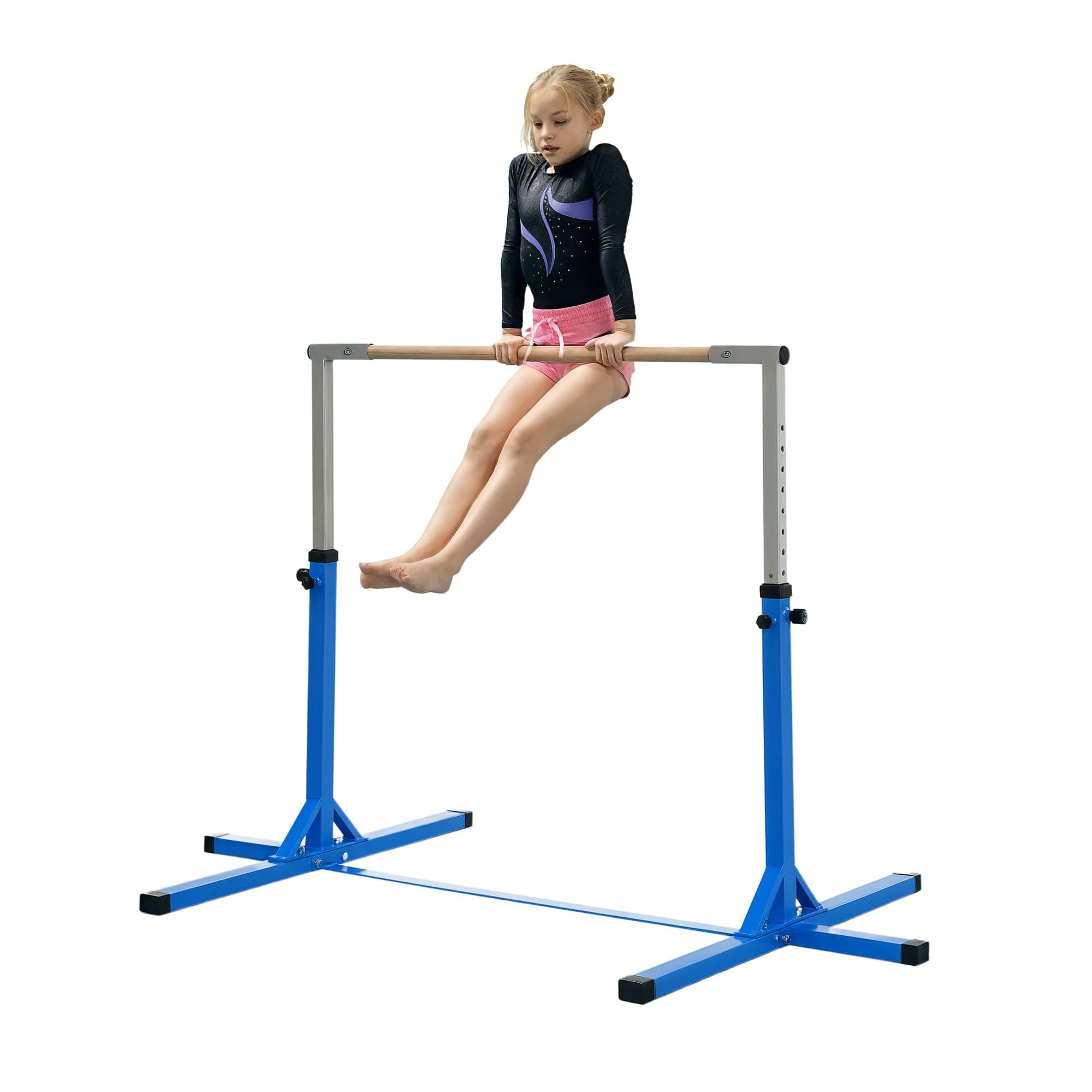 HOMCOM Barre Fixe de Gymnastique pour Enfant, Hauteur réglable 13 Niveaux de 92-150 cm, en Acier et Bois en hêtre, Barre de Gym d'entrainement à Domicile, antidérapant, Facile à Assembler