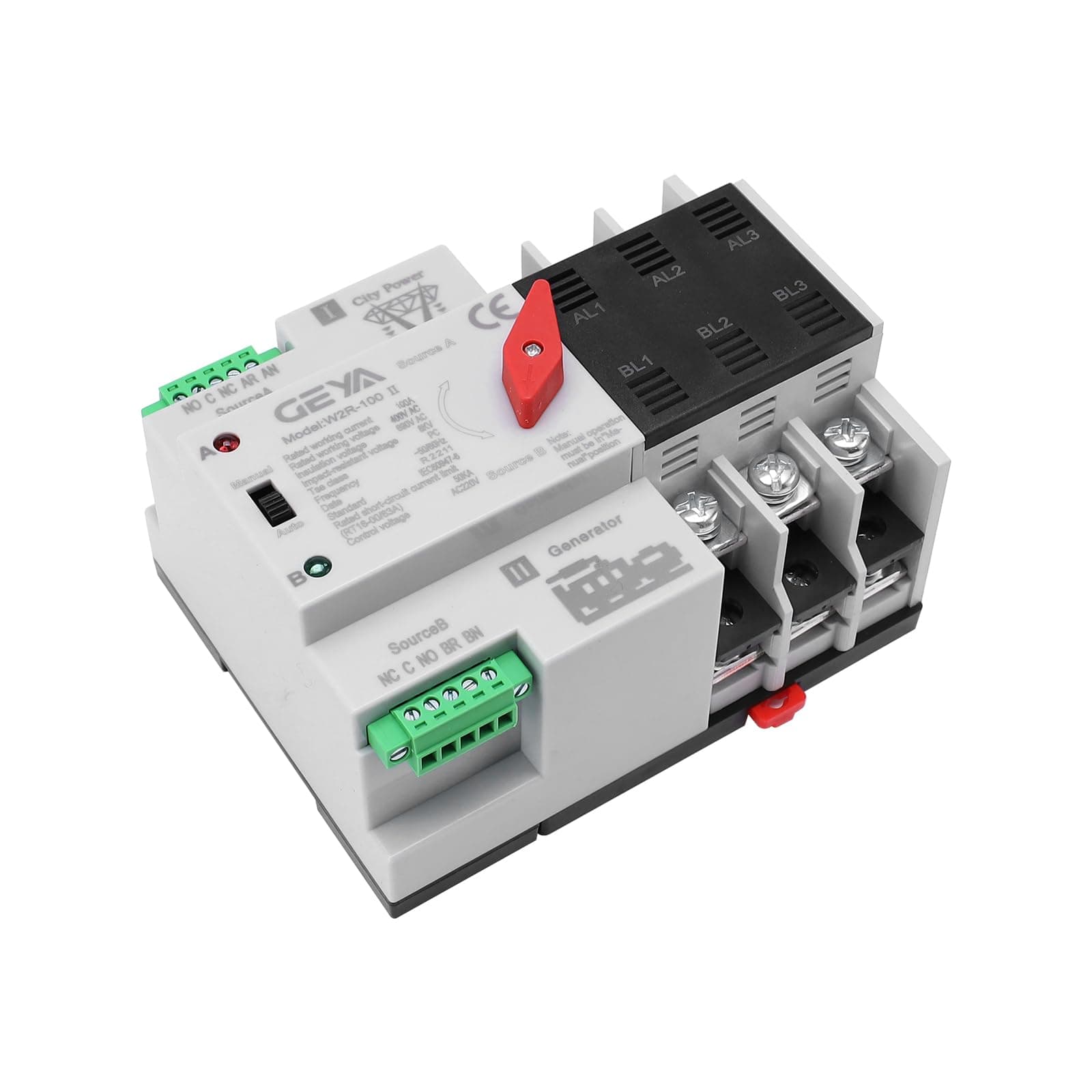 GEYA Mini Interruptor de transferencia automática Interruptores selectores eléctricos Interruptor de alimentación dual 3Pole 100A 220V 50/60Hz Generador de red a AC (Negro)