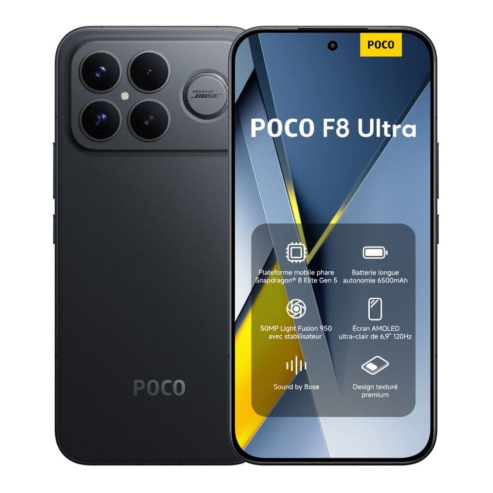Xiaomi POCO F8 Ultra, Smartphone 12+256 Go, écran AMOLED 6,9" 120 Hz, Appareil Photo 50 MP Light Fusion 950 avec OIS, Son signé Bose, Batterie 6500 mAh, Noir, Garantie 2 Ans, Chargeur Non Inclus.