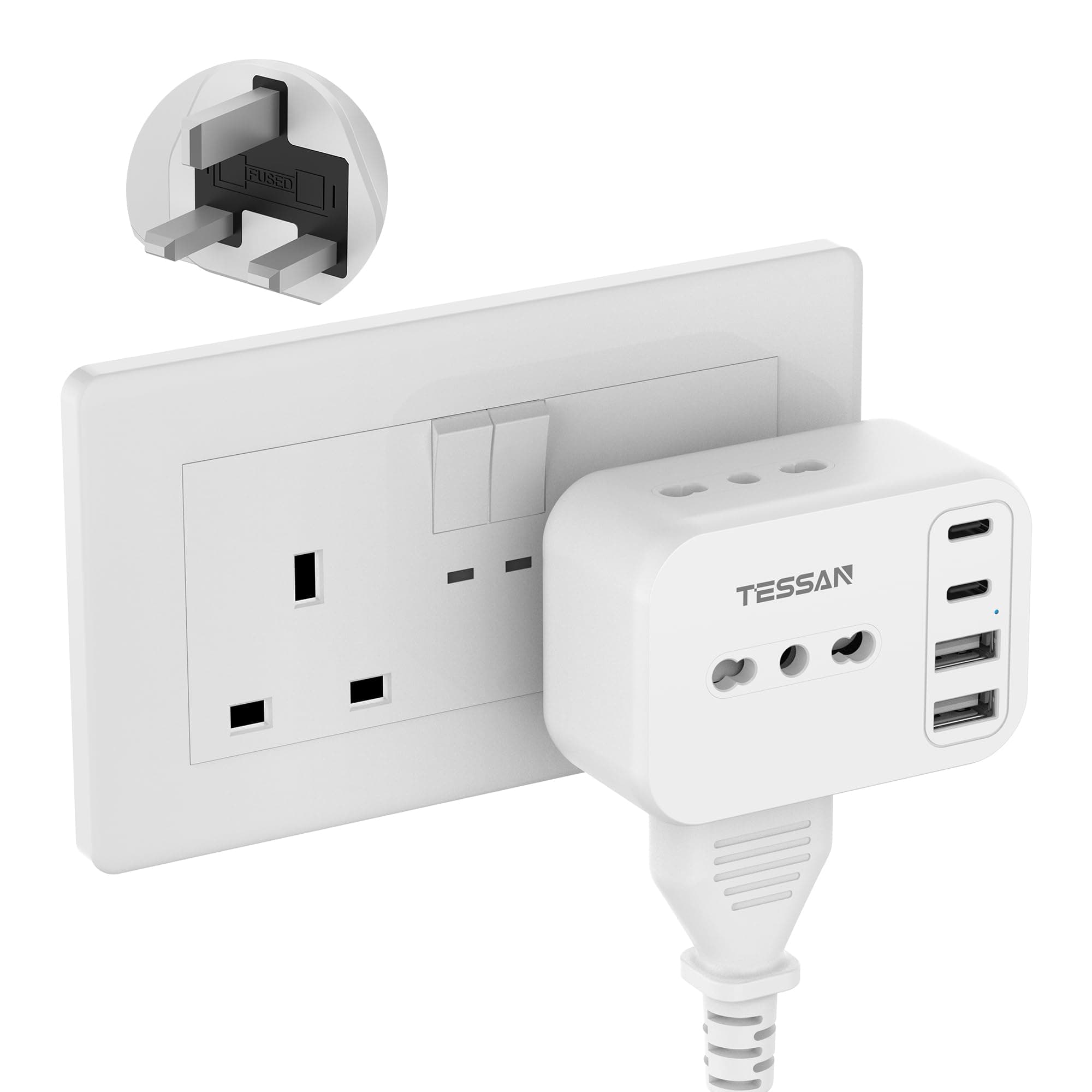 TESSAN Adattatore Presa Inglese con 2 USB C e 2 USB A, 7 in 1 Adattatori Prese Inglesi, Adattatore Spina Inglese 3250 W, Presa Tipo G per Regno Unito, Irlanda, Scozia, Singapore, Dubai, Malta