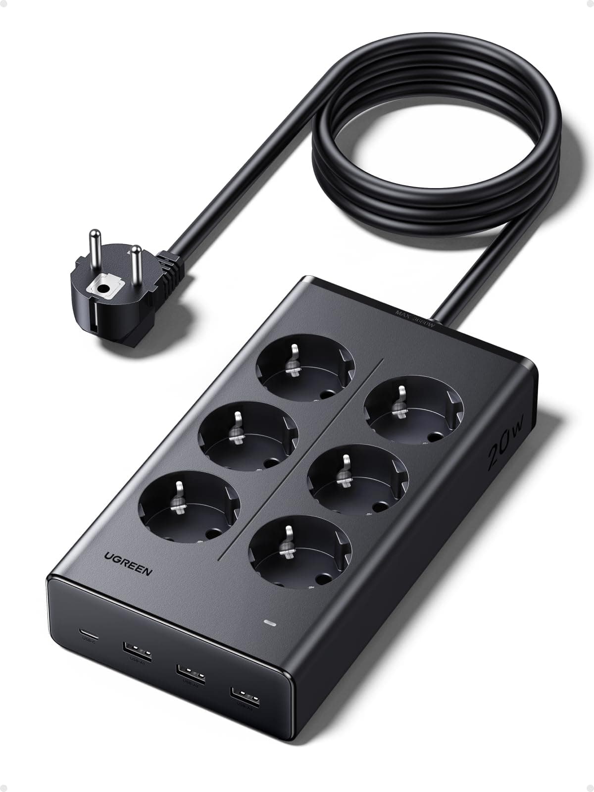 UGREEN 10 IN 1 Ciabatta Multipresa Elettrica USB Tipo E/F 3680W 16A 6 Prese AC 4 USB Presa Multipla USB C PD 20W con Interruttore Multipresa Parete Intelligente Spina Piatta Salvaspazio 1.5M Prolunga