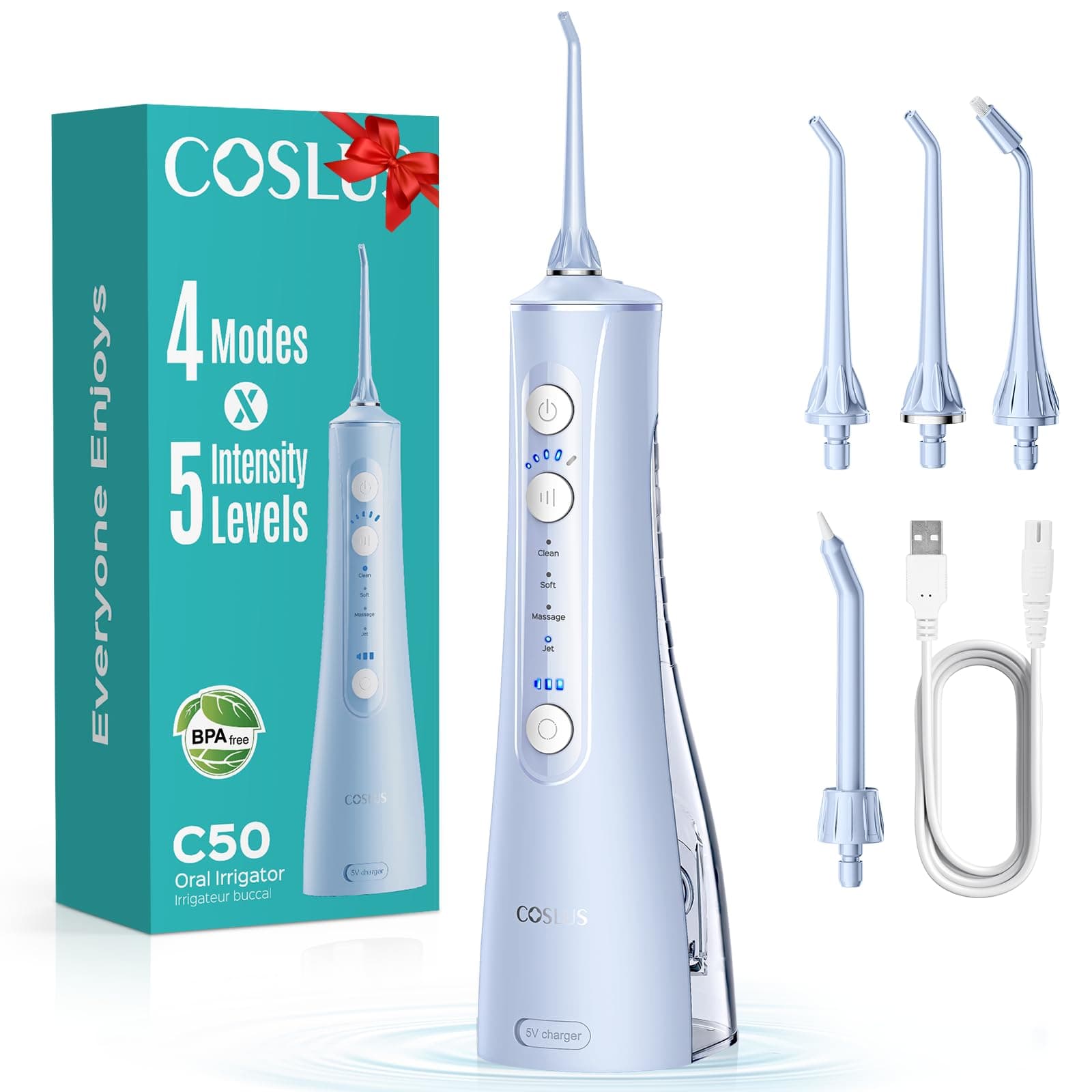 COSLUS Jet Dentaire Hydropulseur Irrigateur Oral: Pression 20 mm, IPX7 étanche, Technologie Anti-éclaboussures, 4 Modes, 5 Niveaux d'Intensité, Idéal pour bucco-dentaire et voyage,Bleu Brillant, C50