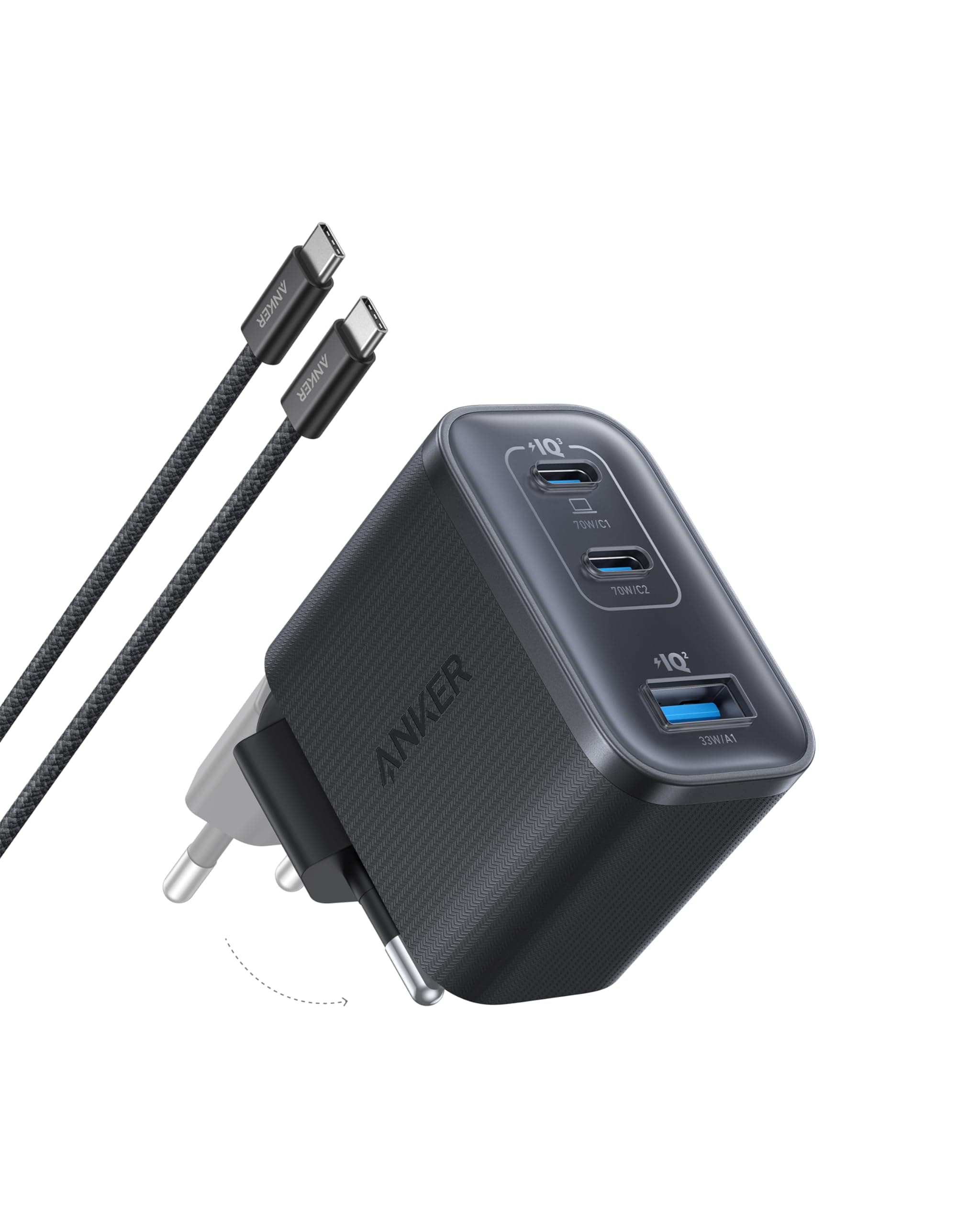 Anker Nano 70W USB C Ladegerät, 3-Port-Netzteil mit ultraschneller 70W Leistung, kompakt & stylisch, für iPhone 17/Pro/Pro Max/iPhone Air/16/15, MacBook Air, iPad, Pixel, Galaxy und mehr