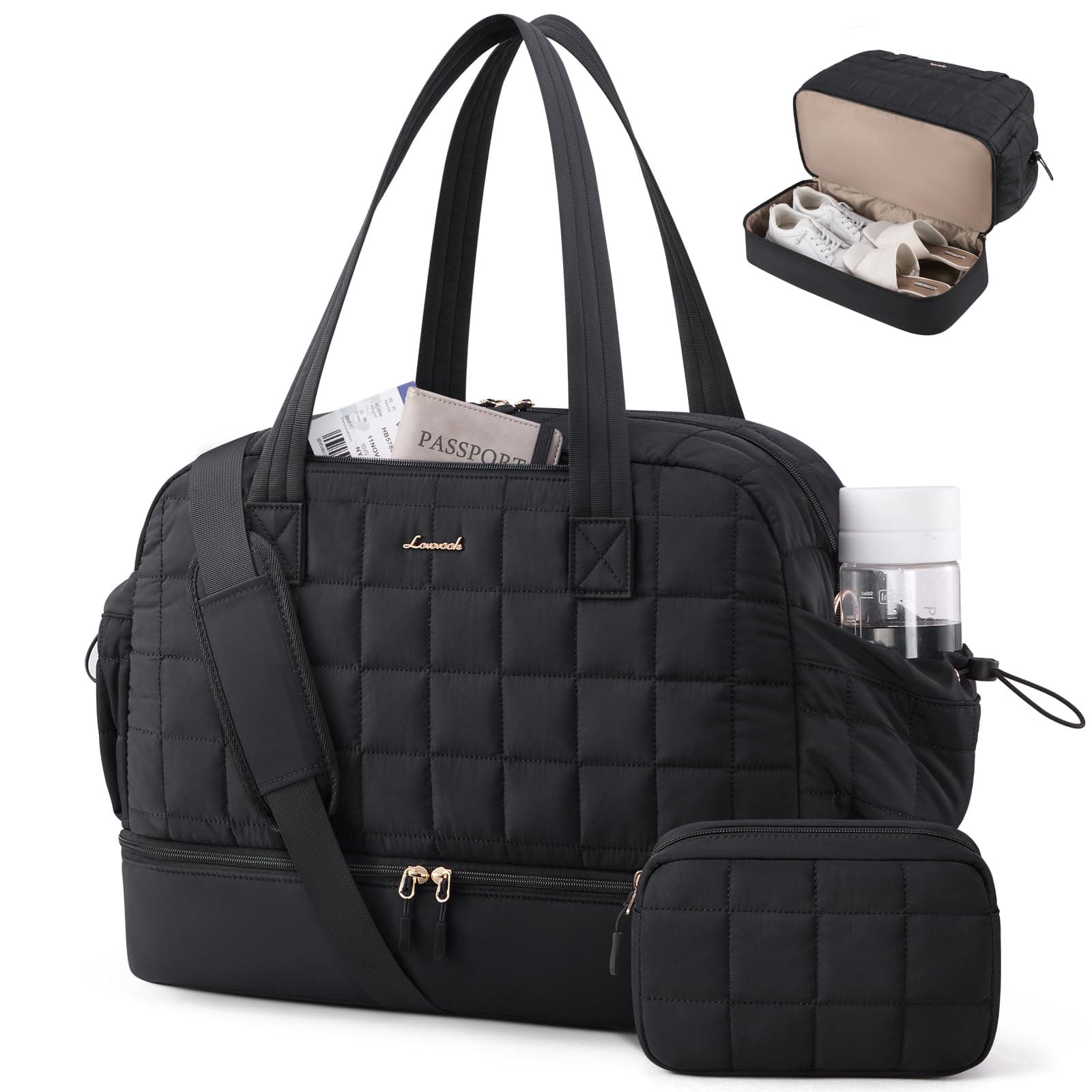 LOVEVOOK Reisetasche Damen 35L, Leichte Puffer Weekender Travel Bag Kliniktasche Geburt, Wasserdicht Sporttasche Gym Bag mit Schuhfach & Nassfach, Handgepäck Tasche für Flugzeug Reise Urlaub, Schwarz