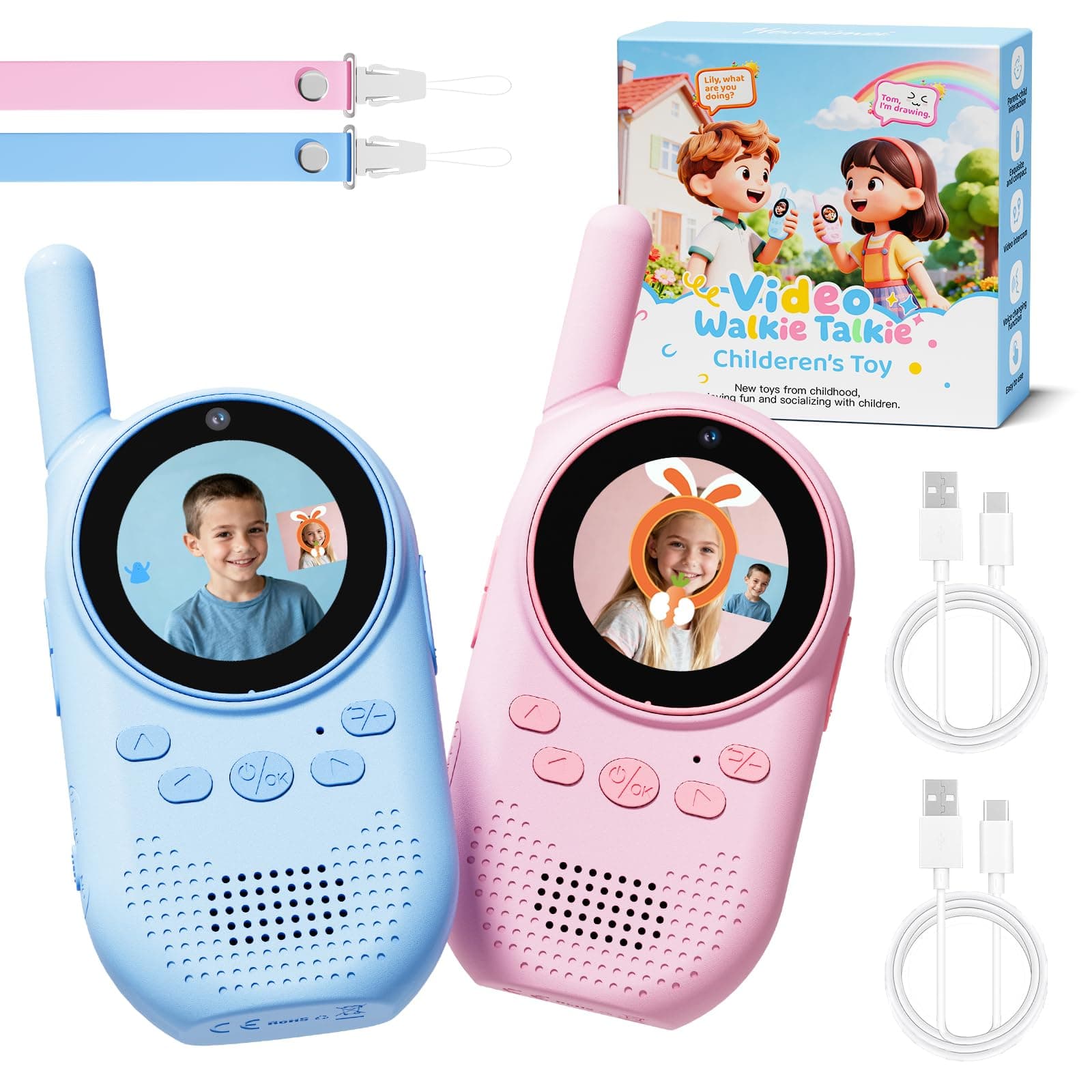HEWEIMEI Video Walkie Talkie Niños, Walkie Talkie Recargable De Largo Alcance con Cámara HD, Cambiador De Voz Y Videollamada, Regalo para Niños de 3 a 12 Años (Rosa/Azul)