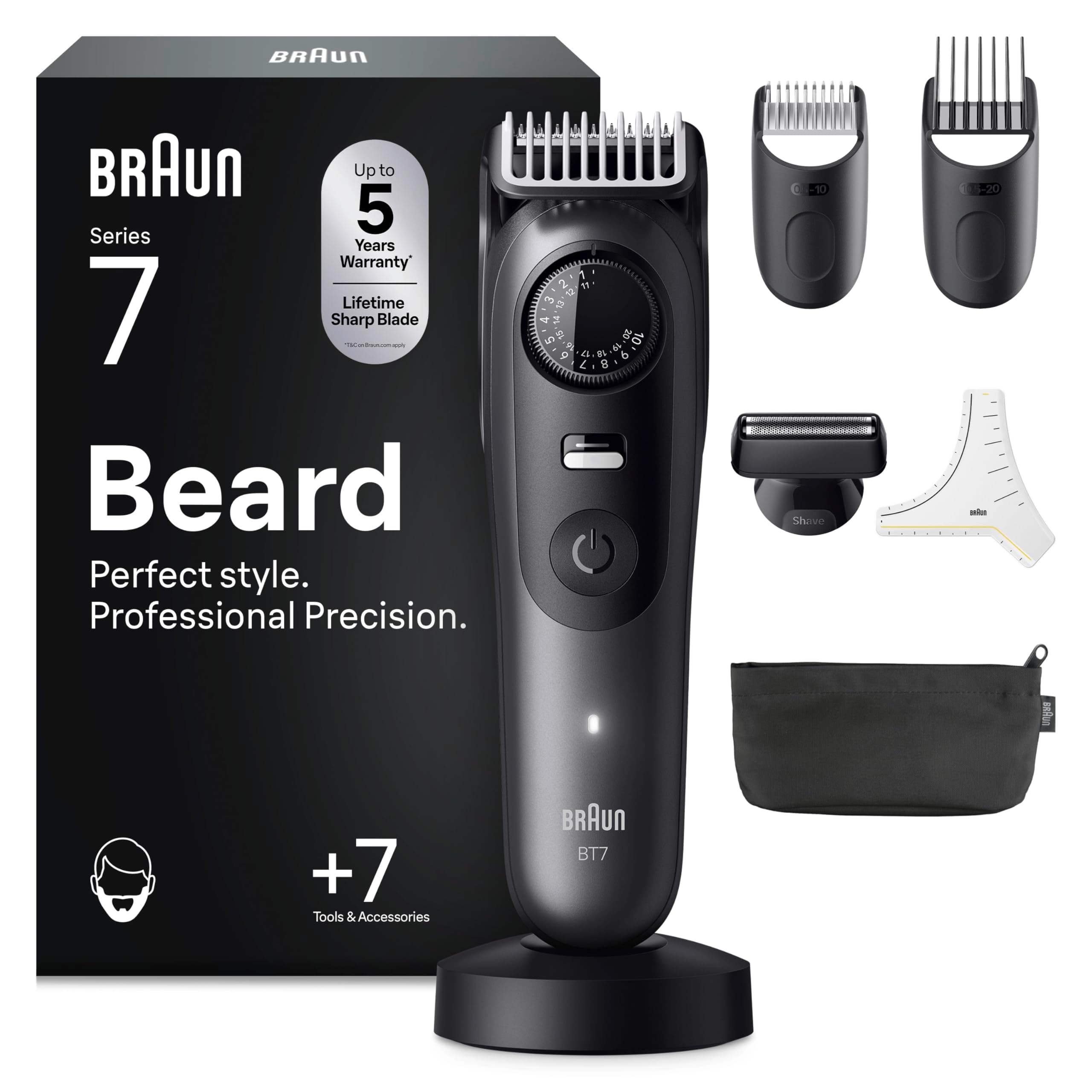 Braun Recortadora De Barba Series 7 BT7525, +7 Accesorios Para Barba, 40 Longitudes, Lámina ProBlade, Gris