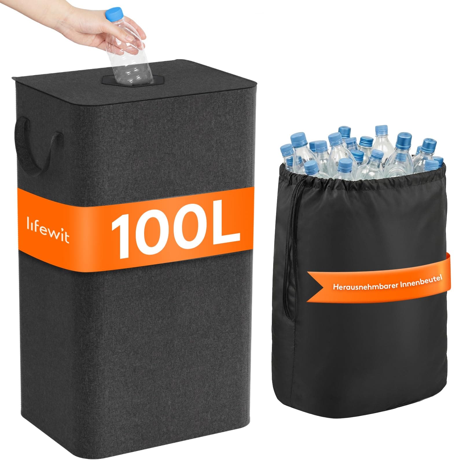 Lifewit 100L Pfandflaschen Sammelbehälter mit Deckel, Groß Pfandflaschen Aufbewahrung, Behälter Leergut & Altglas Aufbewahrung, Flaschensammler mit Loch Küche Abstellraum Flaschentasche, Dunkelgrau