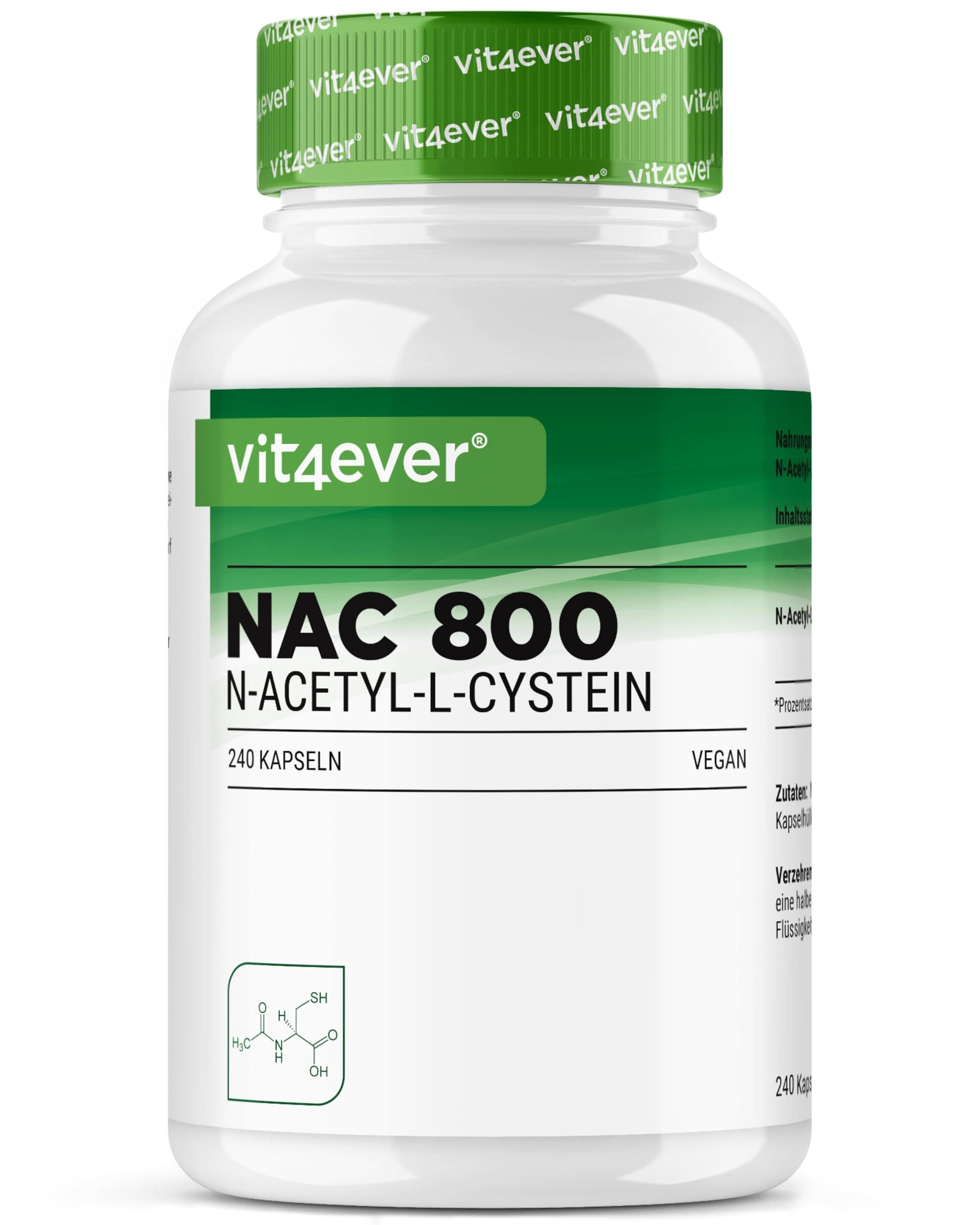 vit4ever NAC - N-Acetyl L-Cystein 240 Kapseln mit je 800 mg - 8 Monatsvorrat - Natürliche Form - Vegan - Hochdosiert - Premium Qualität