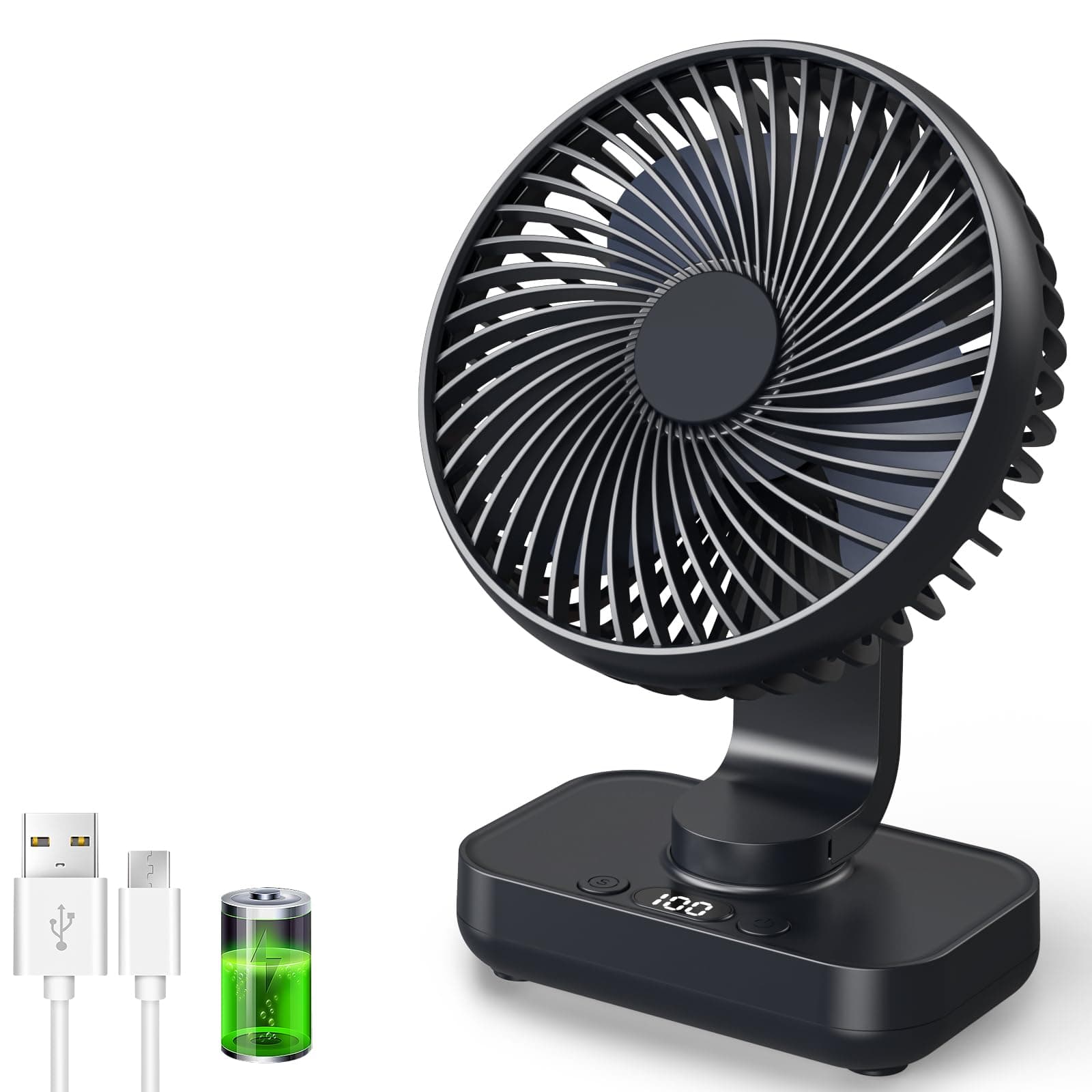 Ventilateur de table USB avec oscillation automatique, batterie 4500 mAh rechargeable, silencieux, 4 vitesses, écran numérique, charge rapide, portable pour maison, bureau, chambre, extérieur (Noir)