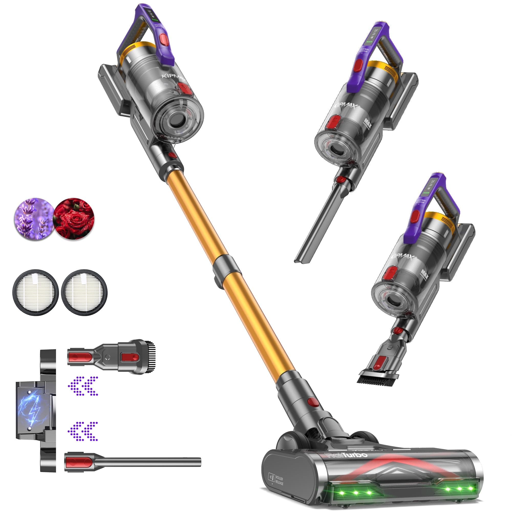 KIPMAX Aspirateur Balai sans Fil 550W/50KPa/70Min, GreenEye, Pastilles Parfumées, Filtrage 7 Couches, Brosse Anti-Emmêlement, Écran LED, Aspirateur sans Fil pour Poils Animaux/Tapis/Sols Durs/Voiture