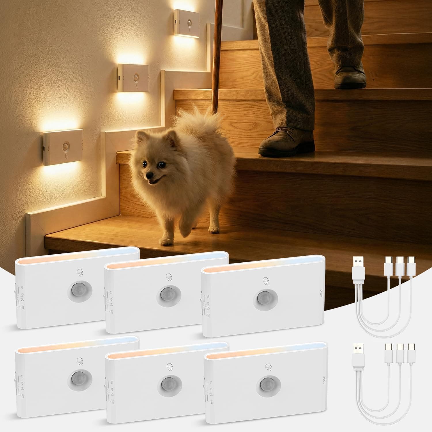 Luz Nocturna con Sensor de Movimiento/Crepuscular a Pilas, Lampara LED Recargable 3 Modos AUTO ON/OFF, Luz Noche Regulable Blanco Cálido/Natural/Frío para Escalera, Pasillo, Cocina, Sótano, 6 Piezas