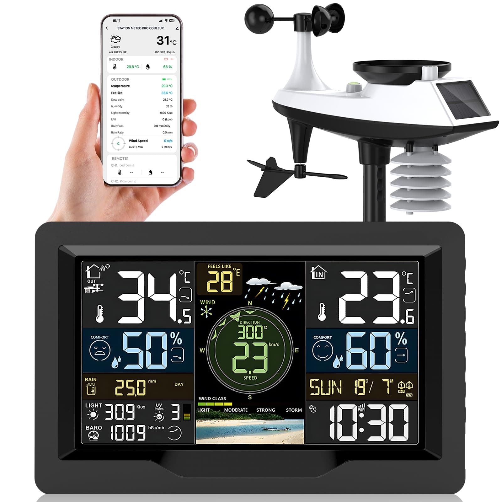 Station Météo WiFi Professionnelle 7 en 1 Avec Capteur Extérieur Sans Fil, 4 Rétroéclairages Réglables, Pluviomètre, Anémomètre, Girouette, Baromètre et Prévision Météo
