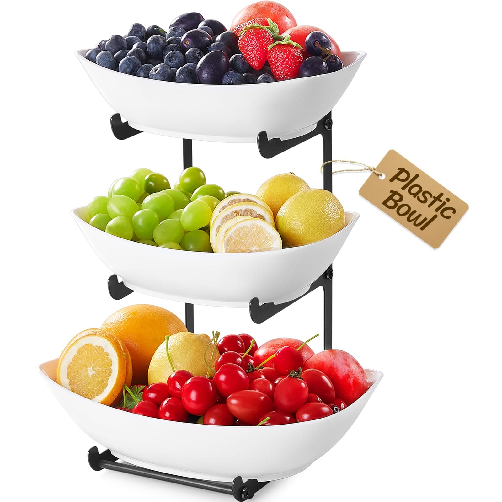 Lifewit Obst Etagere mit 3 Etagen, Kunstsoff Obstschale mit Schwarzem Metallregal, Obstkorb Etagere mit Servierplatten für Snack Gemüse Kekse Desserts, Buffet Party Zubehör, 28 x 35 cm/11×14", Schwarz