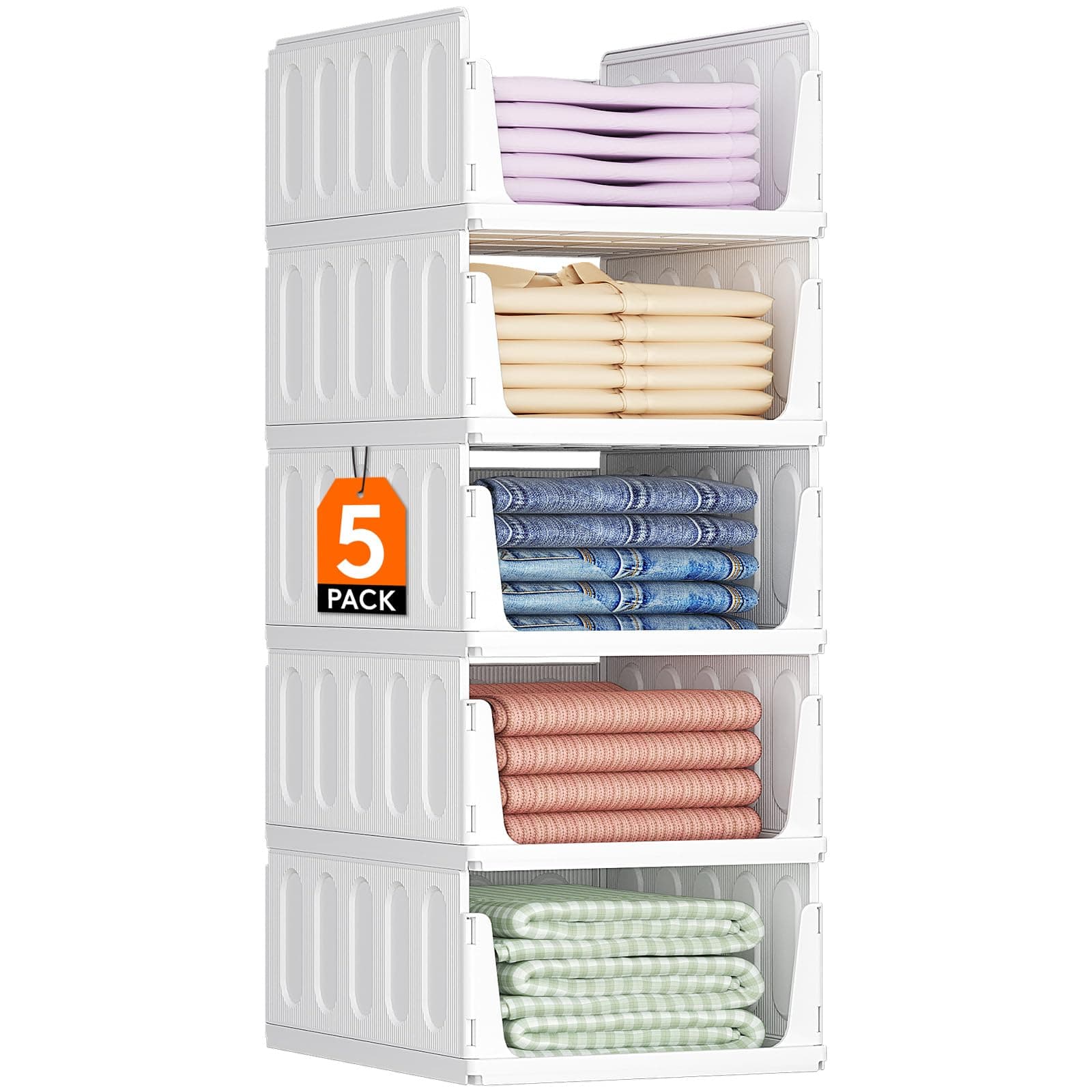 Lifewit Organizer Armadio Interno, Impilabili Contenitori per Vestiti, Contenitori con Cassetti Salvaspazio Estraibile, Scatole Portaoggetti per Cucina, Bagno e Camera da Letto, 24L, Bianco, 5 Pezzi