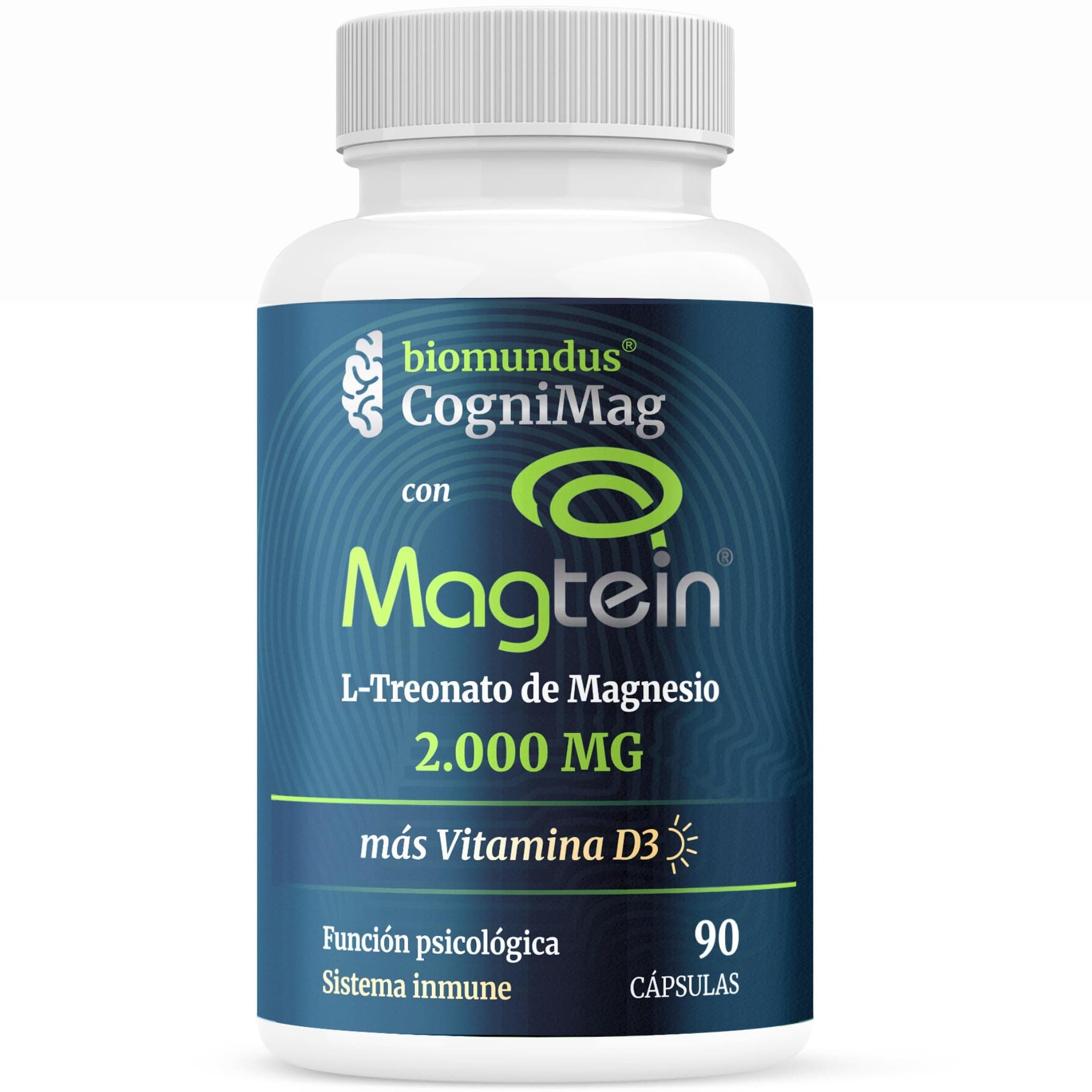 L-treonato de Magnesio Magtein® 2000 mg biomundus + Vitamina D3 2.000 UI dosis. Magnesio treonato Función cerebral óptima, mejor descanso, sueño, memoria, sistema inmune, músculos y huesos 90 cápsulas