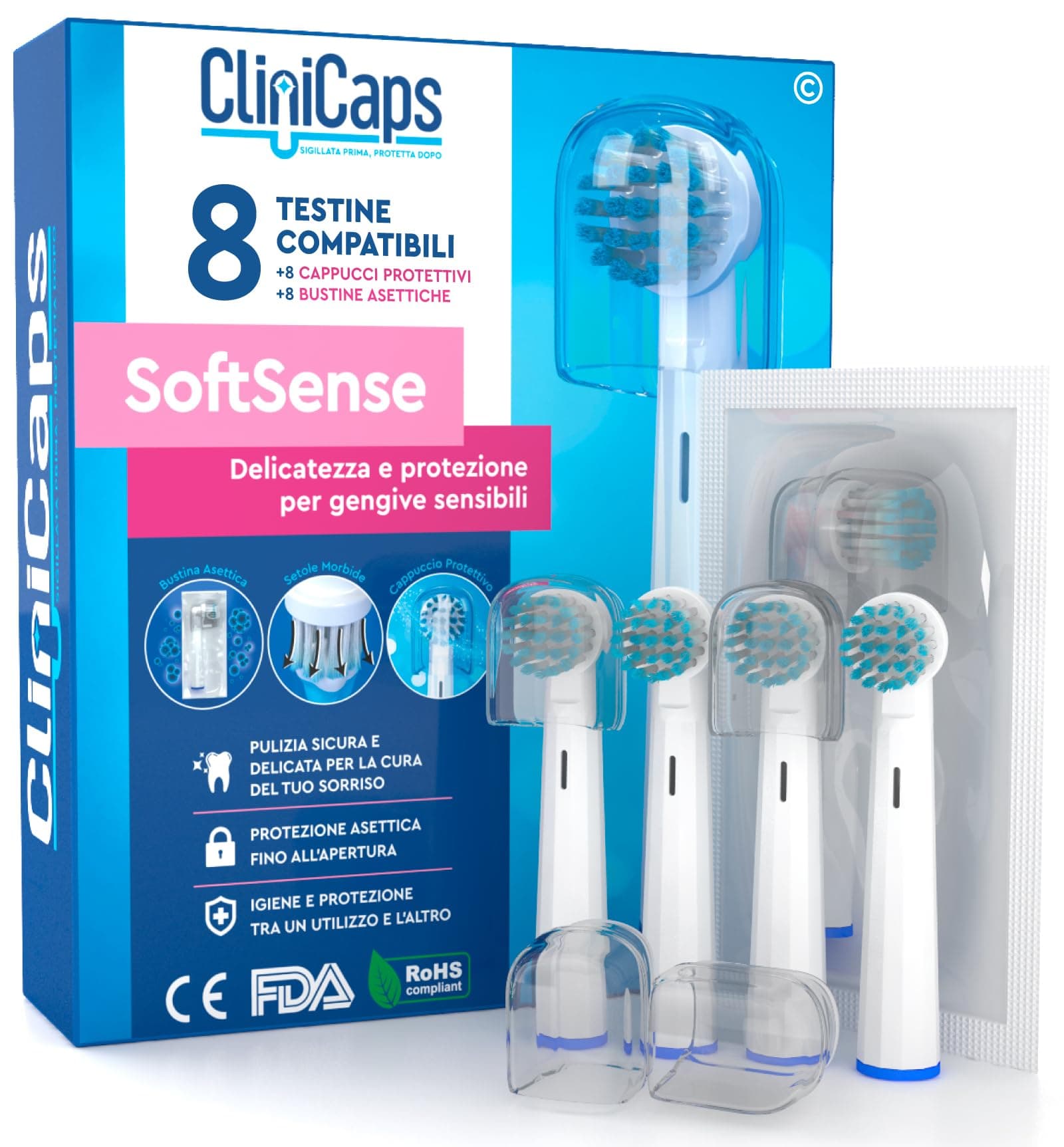 8 Testine Morbide Spazzolino Elettrico Ricambio Compatibile con Oral-B Setole Morbide per Gengive Sensibili CliniCaps SoftSense Colore Bianco Doppia Protezione Bustina Asettica e Cappuccio Protettivo