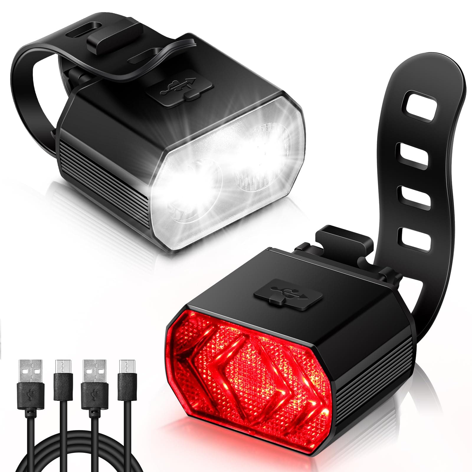 Vinabo Kit Luci Bicicletta - Faro e Fanale Posteriore, Ricarica USB, Impermeabile IPX6, 6 Modalità di illuminazione, Leggero e Resistente, Adatto a Tutte le Biciclette e a Varie Condizioni di Guida