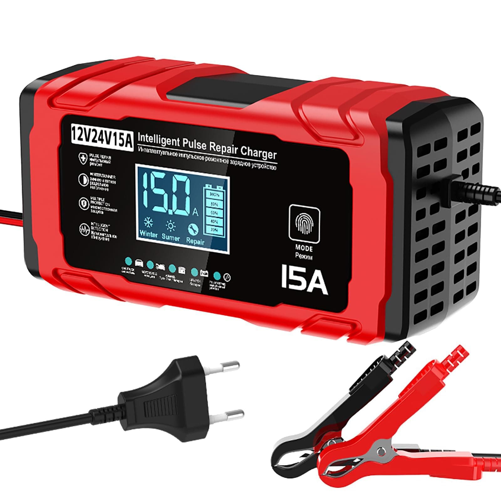 24V 15A Cargador Baterias Coche, 12V 8A Cargador de Bateria y Moto Inteligente Batería de Coche con LCD Cargadors de batería para Auto Moto Camión AGM Gel SLA