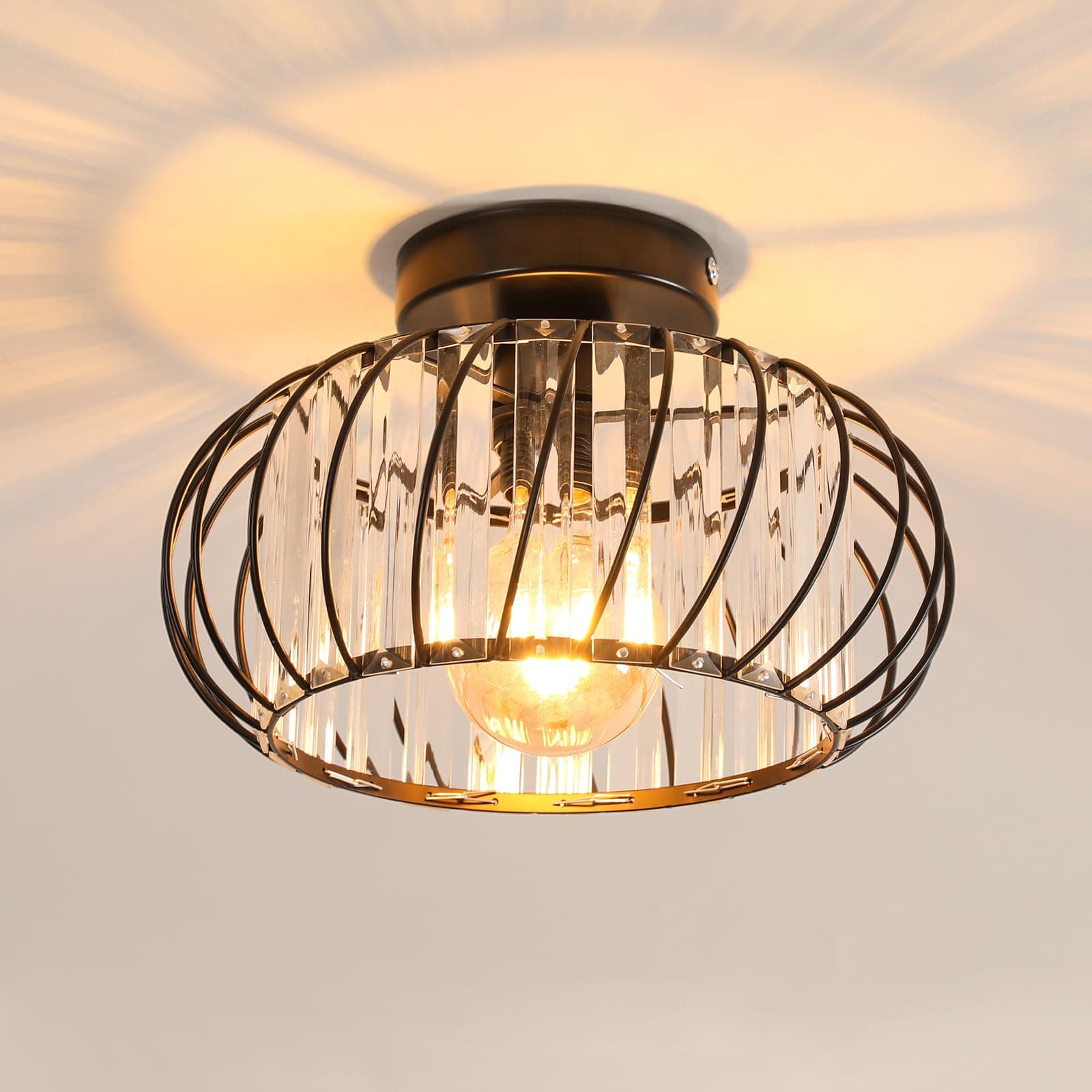 Goeco Plafonnier Cristal Moderne, E27 Mini Lustre en Cristal Métal Noir, Plafonnier Semi Encastré pour Cuisine Salle à Manger Couloir Porche Salon