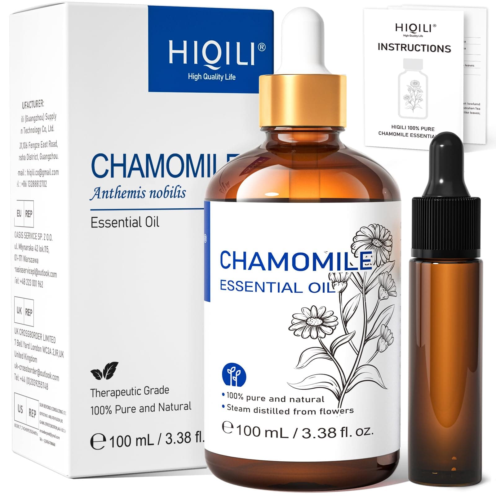 HIQILI Olio Essenziale Camomilla 100ML, Olio Essenziale di Camomilla Naturale al 100%, Rilassante, per Diffusore, Cura Della Pelle, Bagno, Casa, Aromaterapia