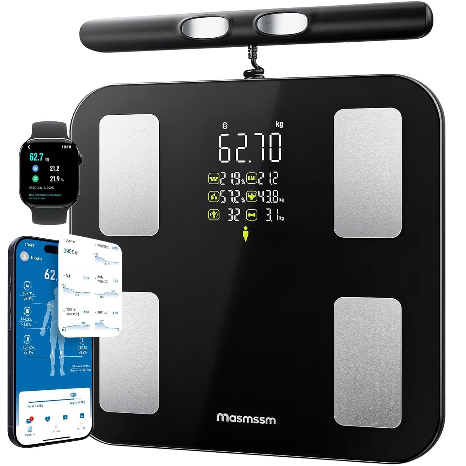 Balance Pèse-Personne 8 Électrodes, Balance Connectée Impédancemètre Avec Grand Écran VA, 28 Métriques, Analyse Corporelle BIA Double Fréquence, Compatible iOS/Android, 30 * 30cm, Max.180kg/400lb