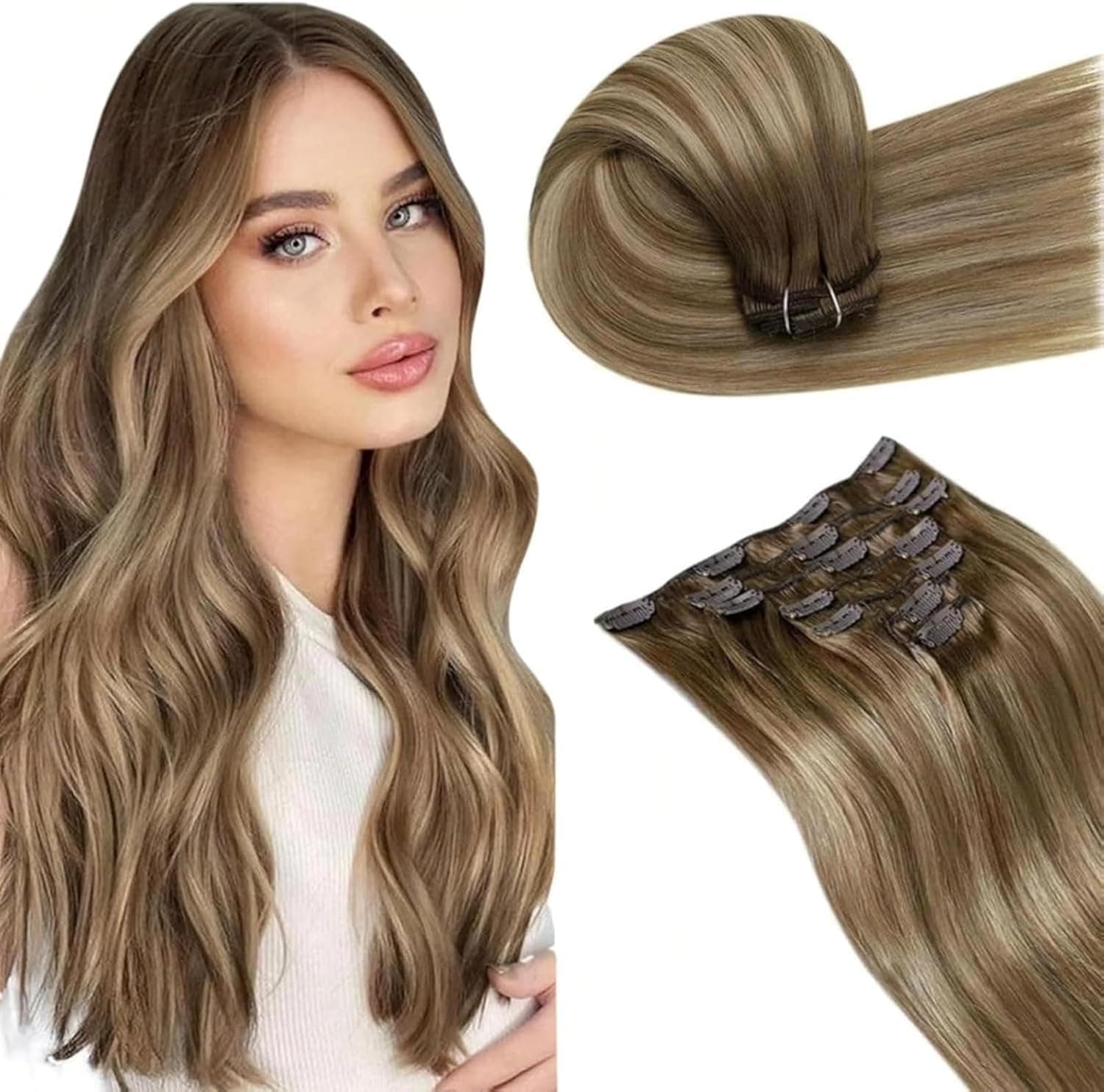 LaaVoo Extension Capelli Veri Clip 7pcs 120g Marrone Scuro a Biondo Scuro Highlight Extension con Clip Remy Naturali Liscio Extension Clip Capelli Veri Invisibile 40 cm #8/16/8