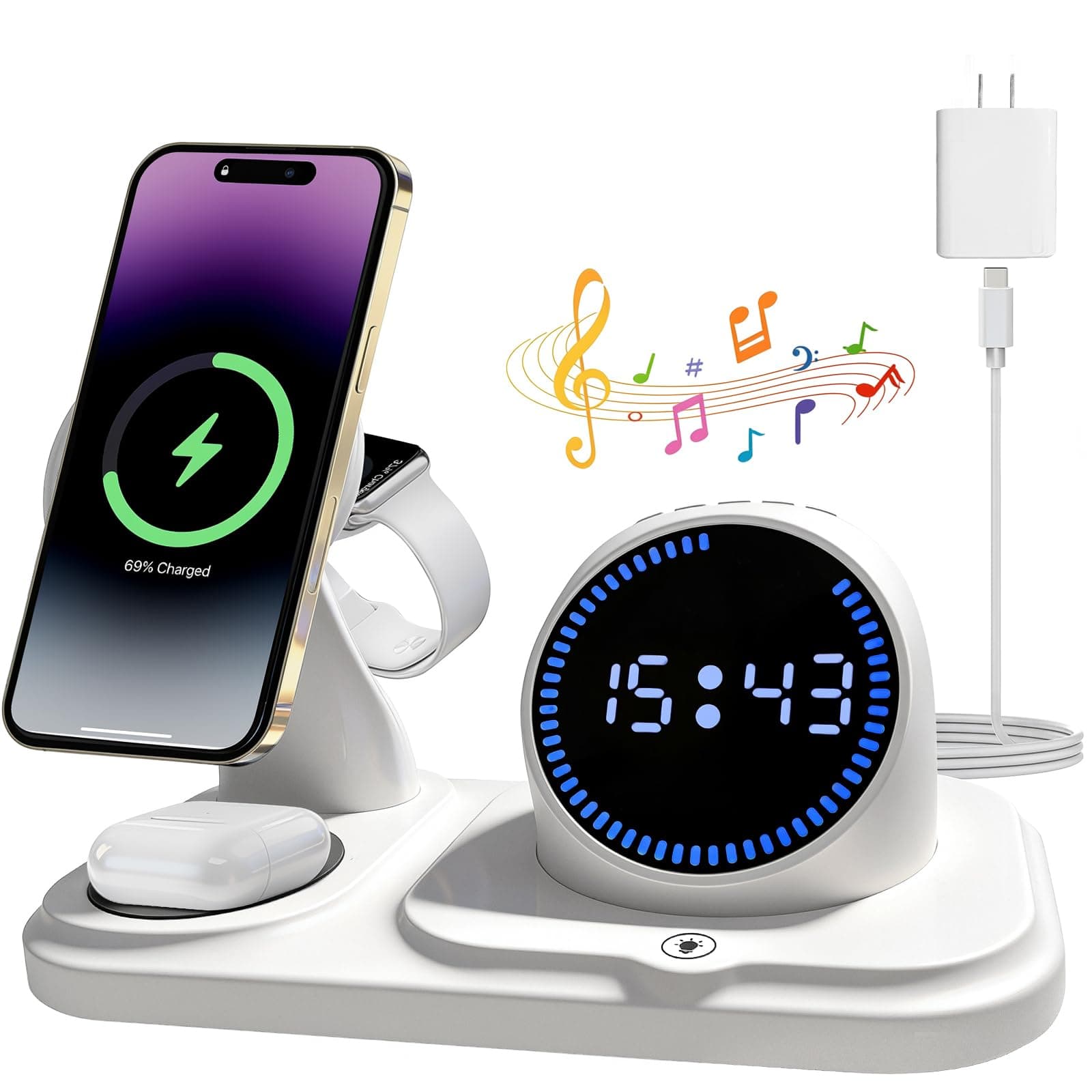 6 en 1 Cargador inalámbrico para iPhone con Altavoz Bluetooth, estación de Carga rápida para iPhone 17/16/15/14/13/12/11/Pro/Max/Plus, para Apple Watch y AirPods