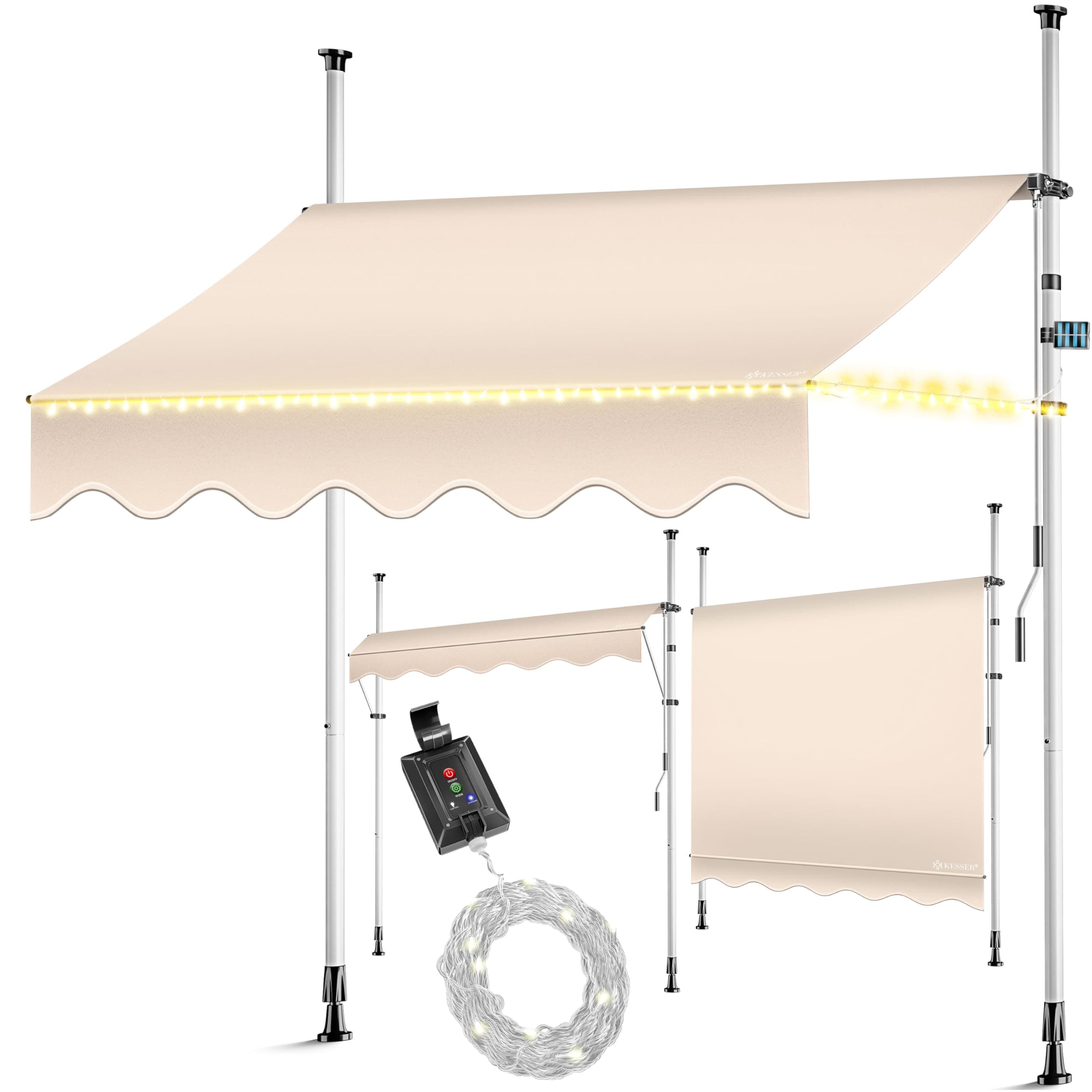 KESSER® Klemmmarkise mit Handkurbel & LED Lichterkette | Balkonmarkise ohne Bohren | Markise UV-beständig höhenverstellbar & wasserabweisend | Sonnenschutz für Balkon Terrasse & Garten 200cm