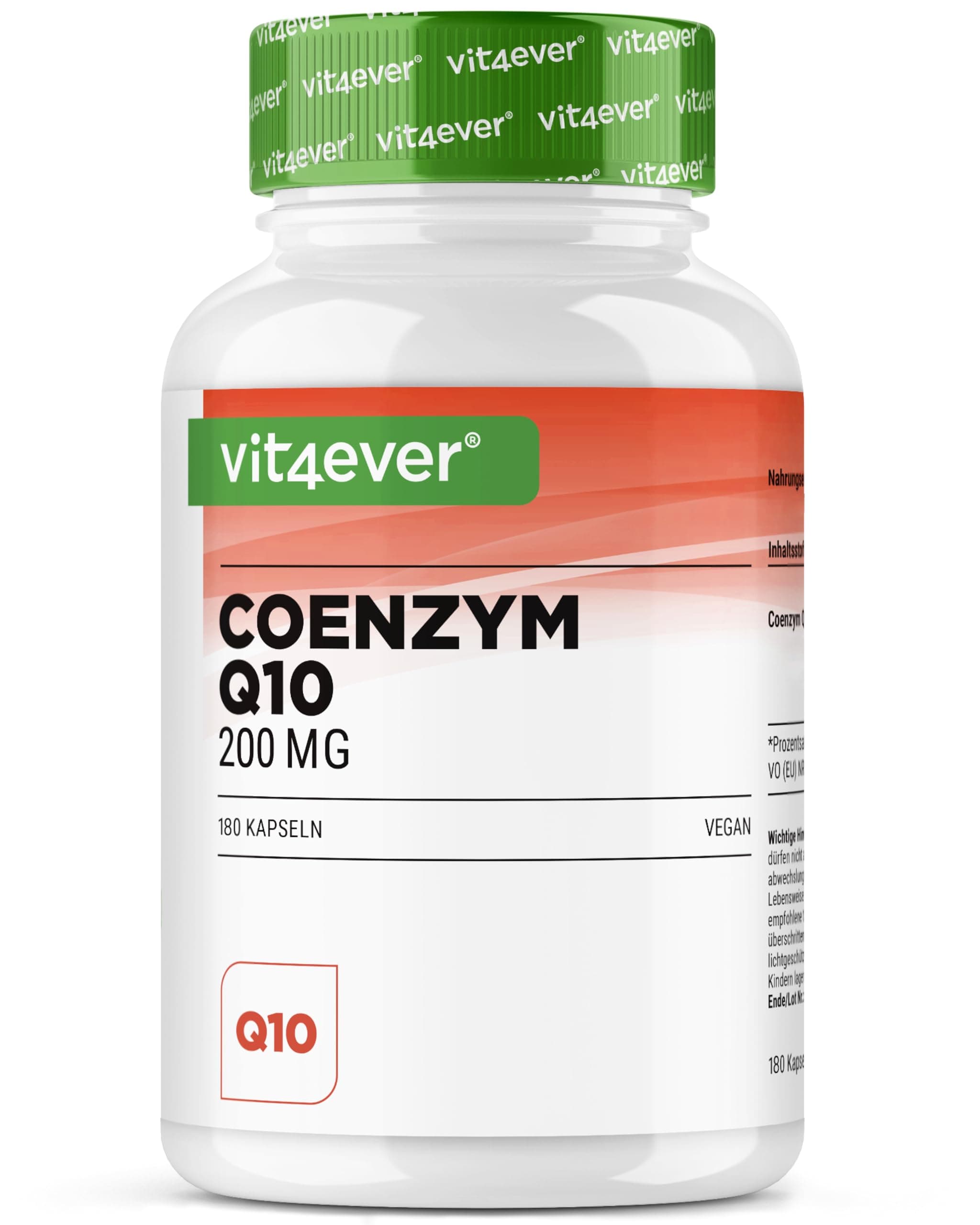 vit4ever Coenzym Q10 mit 200mg pro Kapsel - 180 vegane Kapseln - 6 Monate Reichweite - hochwertiges Q10 - hochdosiert, ohne unnötige Zusätze & laborgeprüft