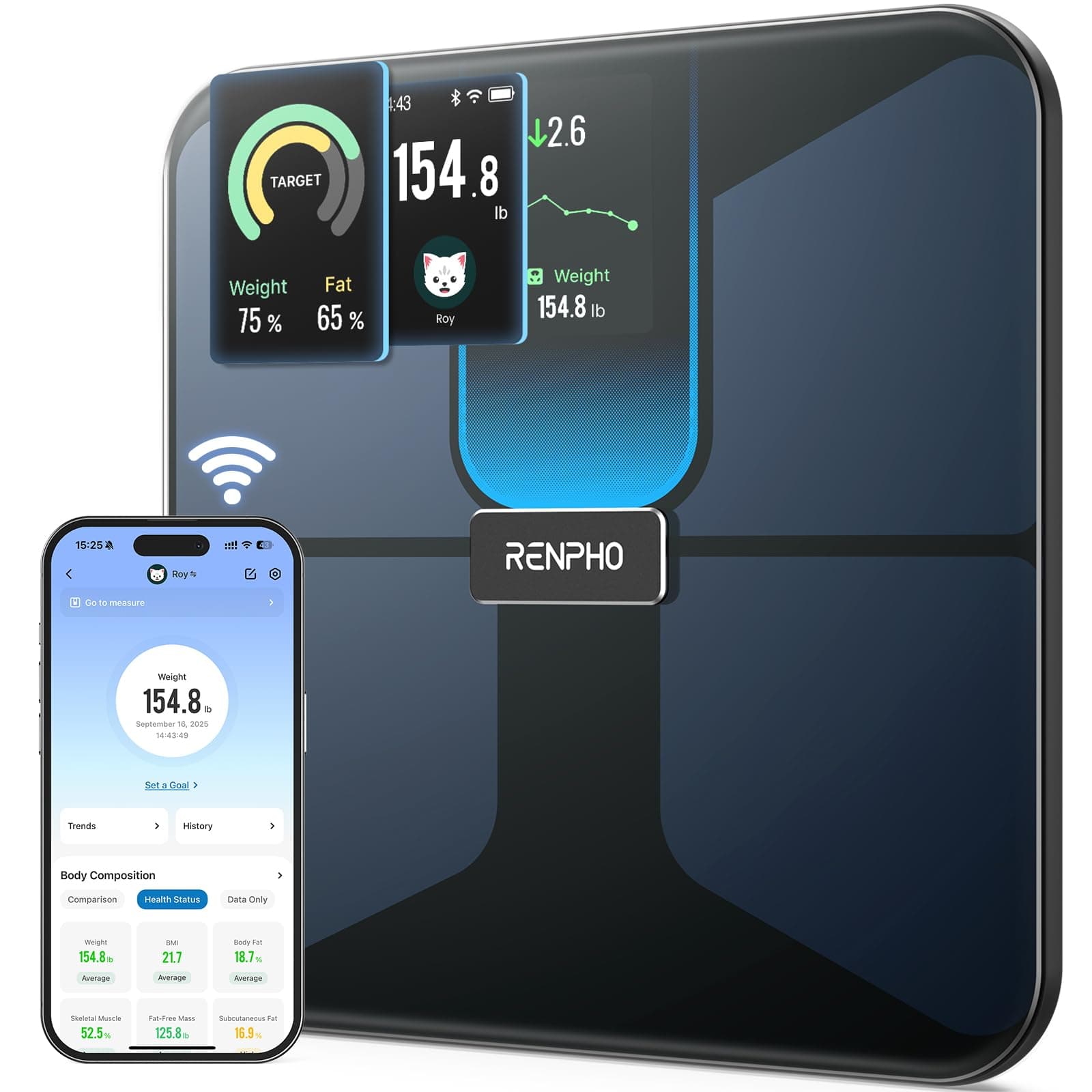 RENPHO Bascula de Baño Inteligente, Bascula Grasa Corporal y Muscular con App Seguimiento Fitness, Báscula de Composición Corporal Wi-Fi y Bluetooth, Recargable, Elis Evo